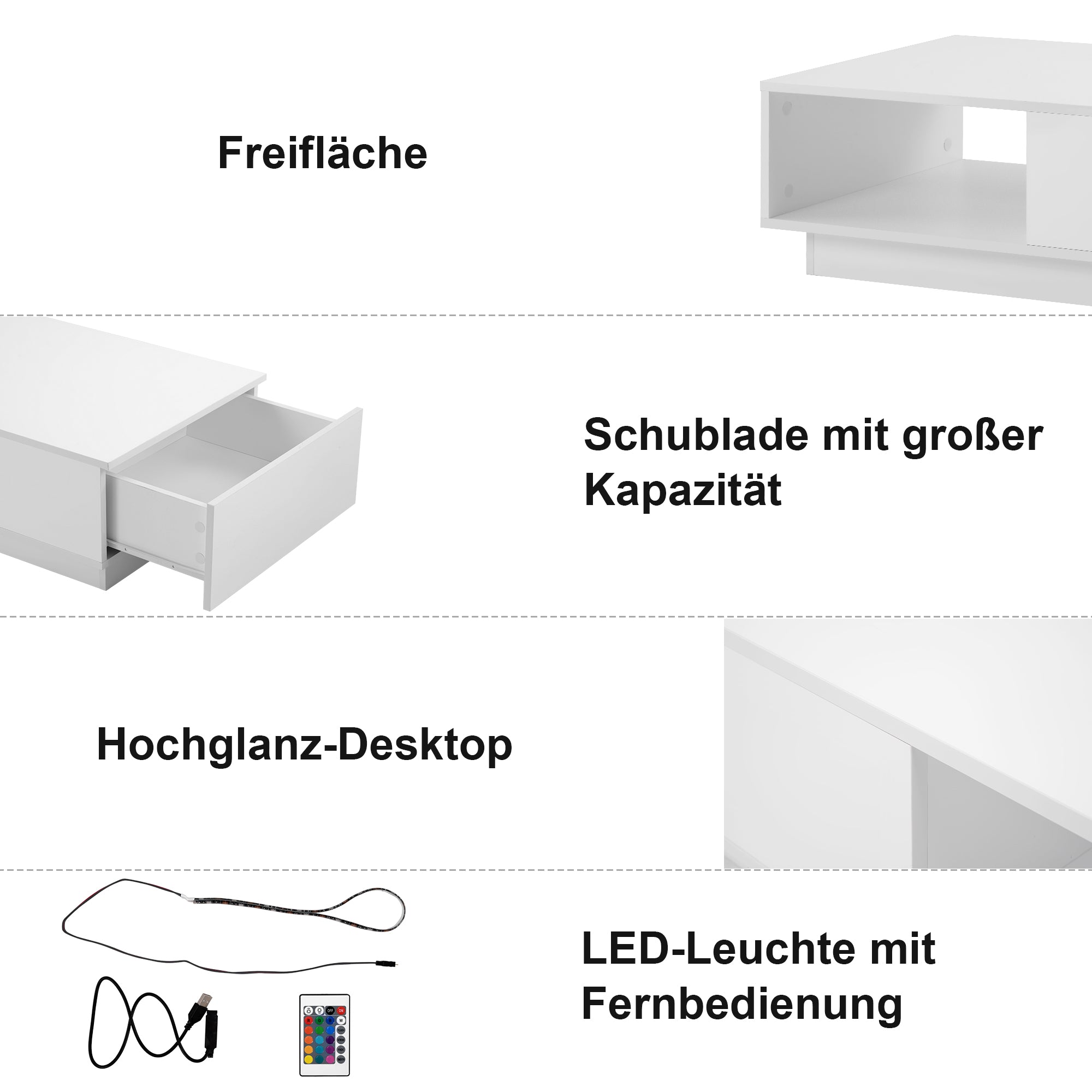 Couchtisch, moderner Hochglanz-Sofatisch, Couchtisch, rechteckiger weißer Wohnzimmertisch mit LED-Licht, 15 Farben für Teetisch, Haushaltsdekoration (99 x 55 x 32 cm)