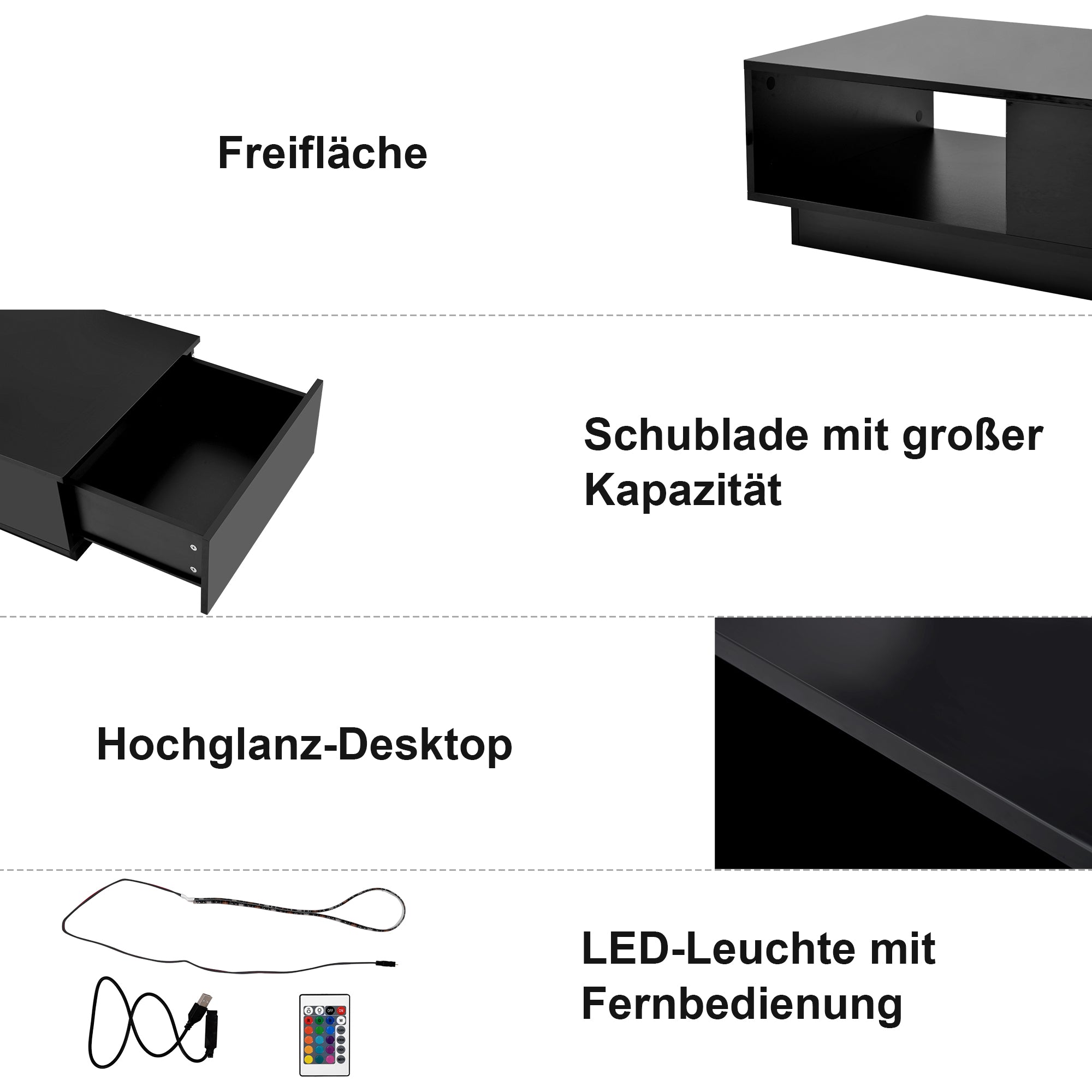 Couchtisch, moderner Hochglanz-Sofatisch, Couchtisch, rechteckiger weißer Wohnzimmertisch mit LED-Licht, 15 Farben für Teetisch, Haushaltsdekoration (99 x 55 x 32 cm)