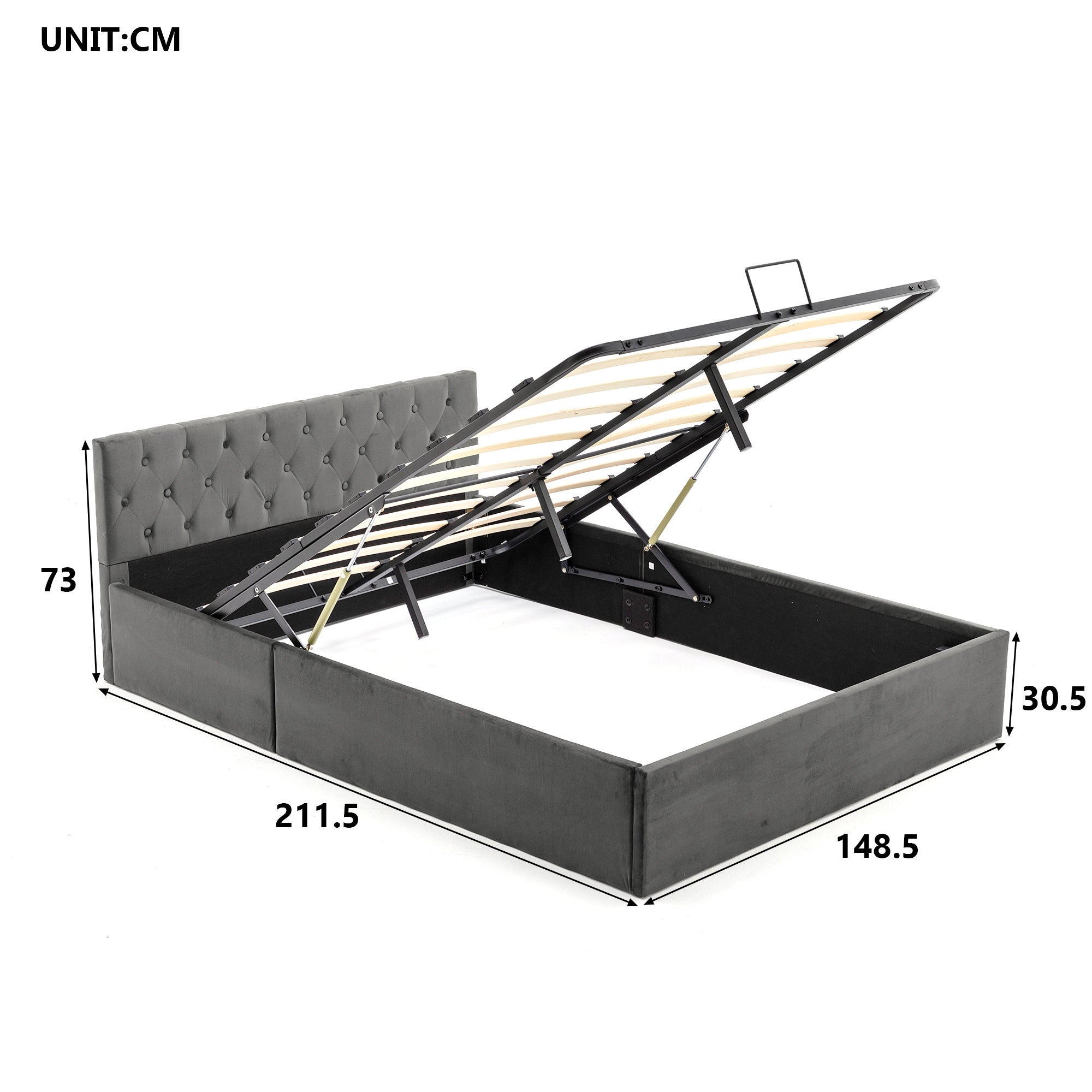 Bett mit Bettkasten Samt-Stoff Polsterbett Lattenrost Doppelbett Stauraum Holzfuß (Grau, 140 x 200 cm)