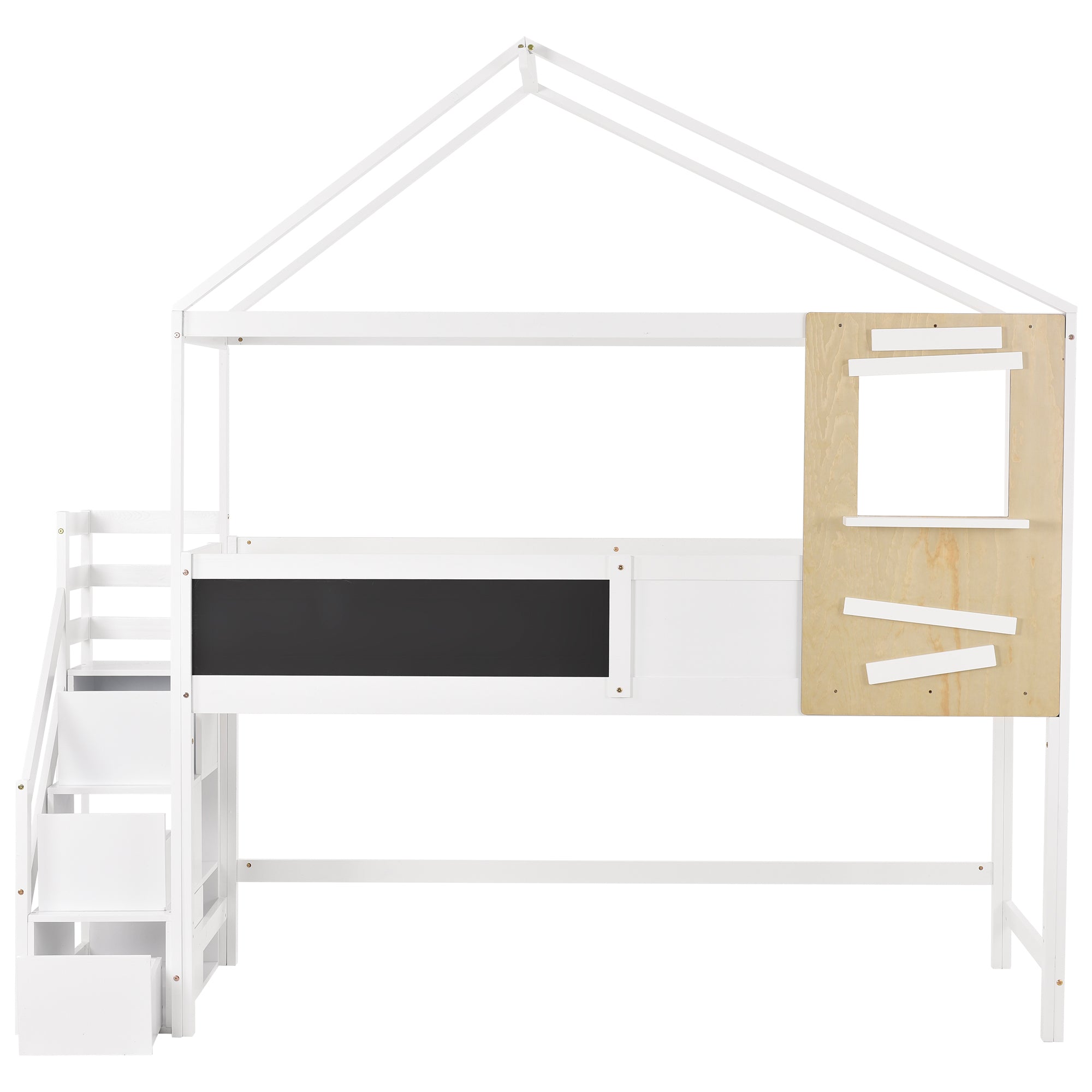 Hausbett, Kinderbett mit Fenster, mit kleiner Holzkiste, Rahmen aus Kiefer, Schutzplatte aus MDF, weiß (200x90cm)
