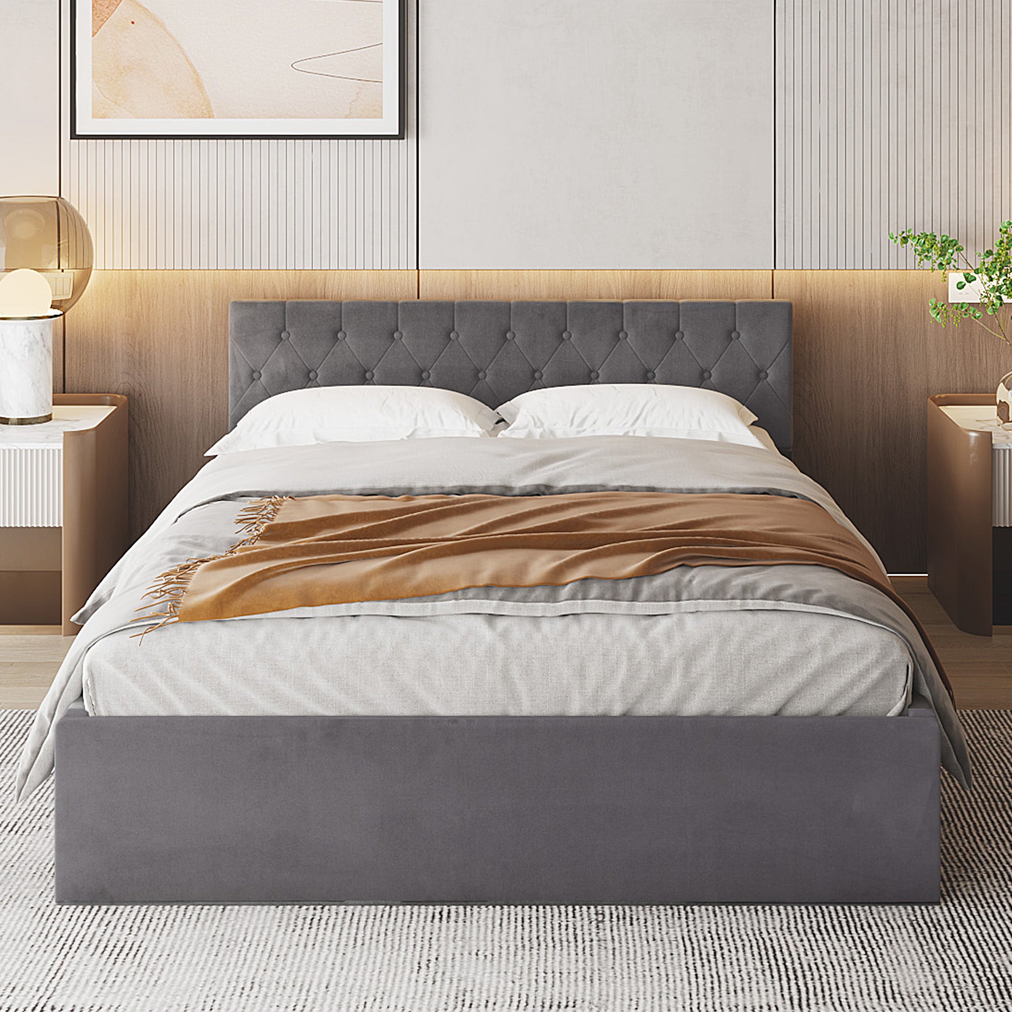 Bett mit Bettkasten Samt-Stoff Polsterbett Lattenrost Doppelbett Stauraum Holzfuß (Grau, 140 x 200 cm)