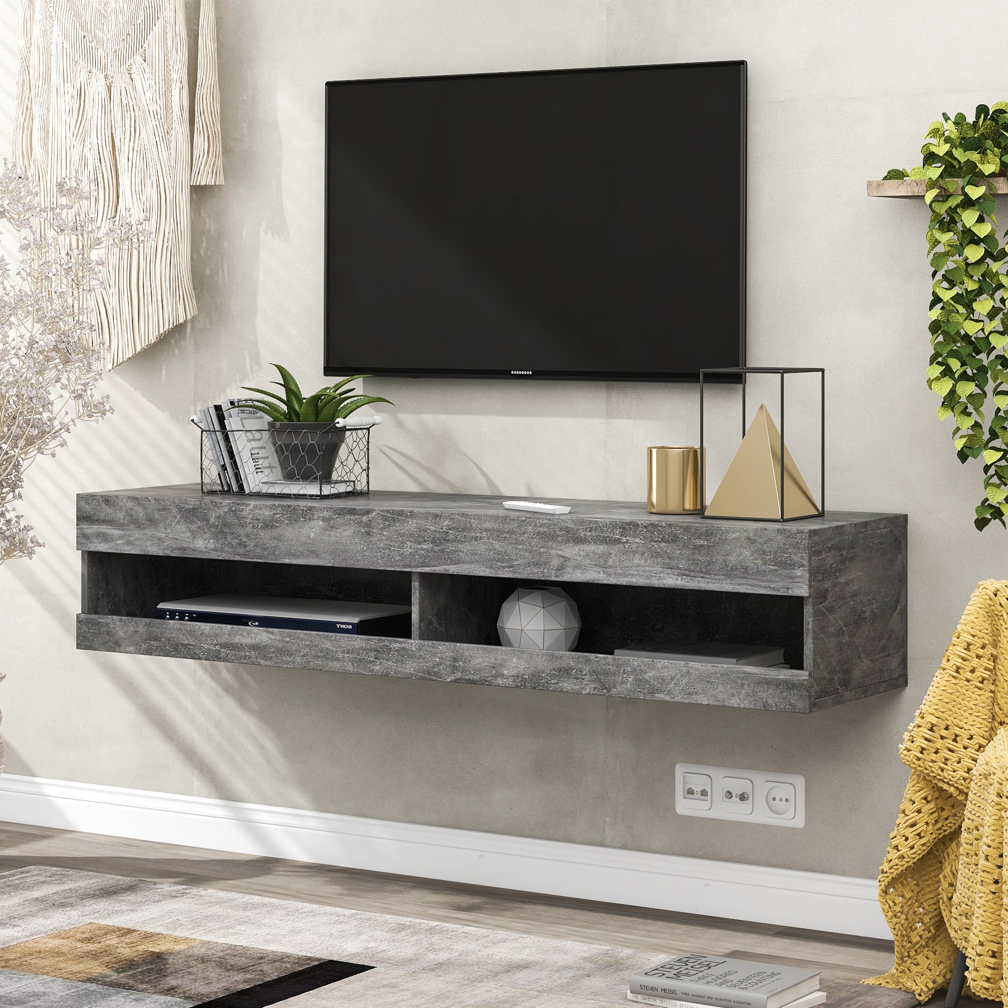 LED TV-Schrank , TV-Lowboard in Hochglanz Weiß mit LED-Beleuchtung, hochwertiges TV-Board mit viel Stauraum für Ihr Wohnzimmer 140x40x30.5cm, Marmorgrau