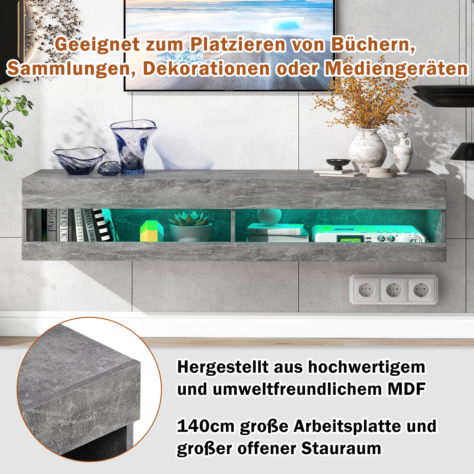 LED TV-Schrank , TV-Lowboard in Hochglanz Weiß mit LED-Beleuchtung, hochwertiges TV-Board mit viel Stauraum für Ihr Wohnzimmer 140x40x30.5cm, Marmorgrau