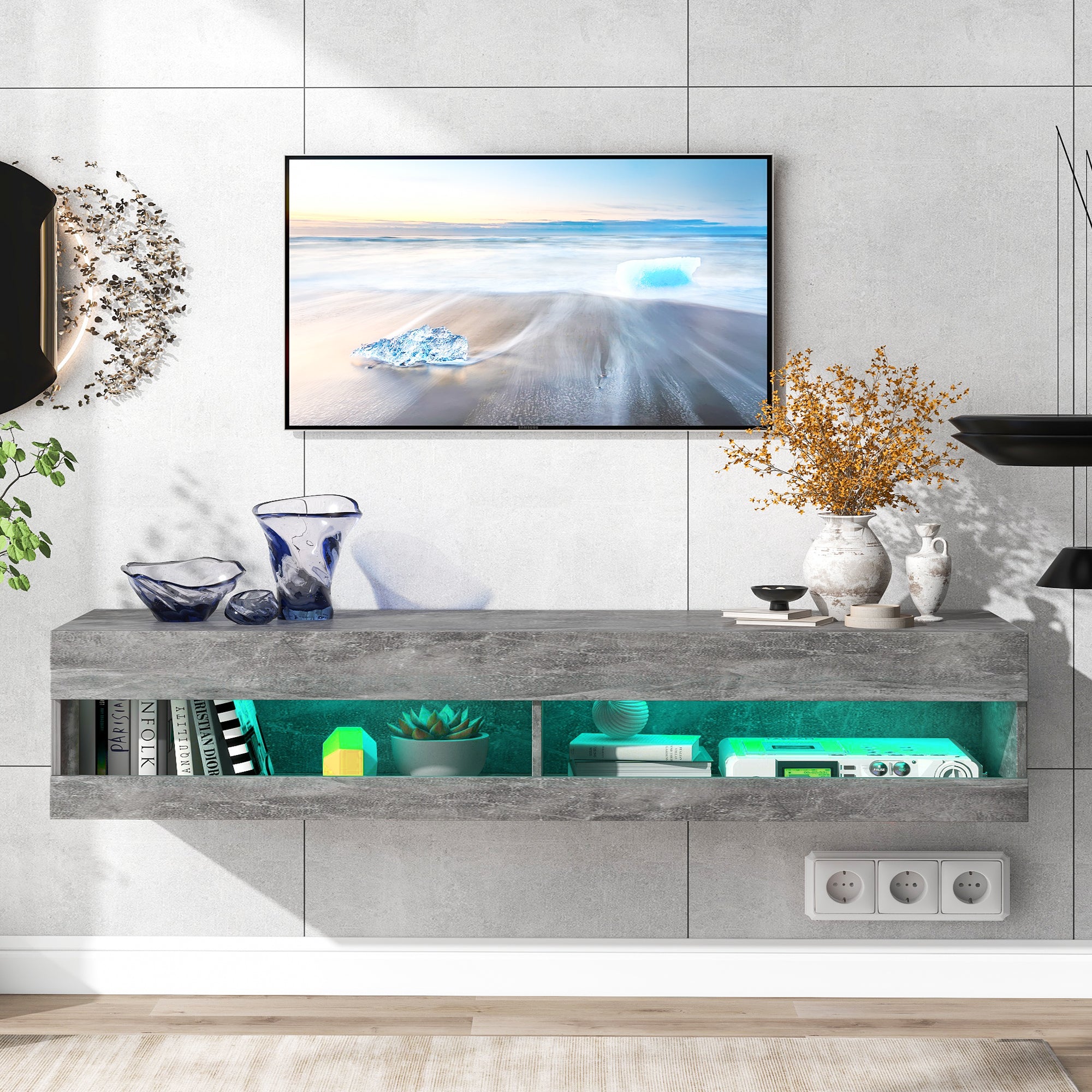 LED TV-Schrank , TV-Lowboard in Hochglanz Weiß mit LED-Beleuchtung, hochwertiges TV-Board mit viel Stauraum für Ihr Wohnzimmer 140x40x30.5cm, Marmorgrau