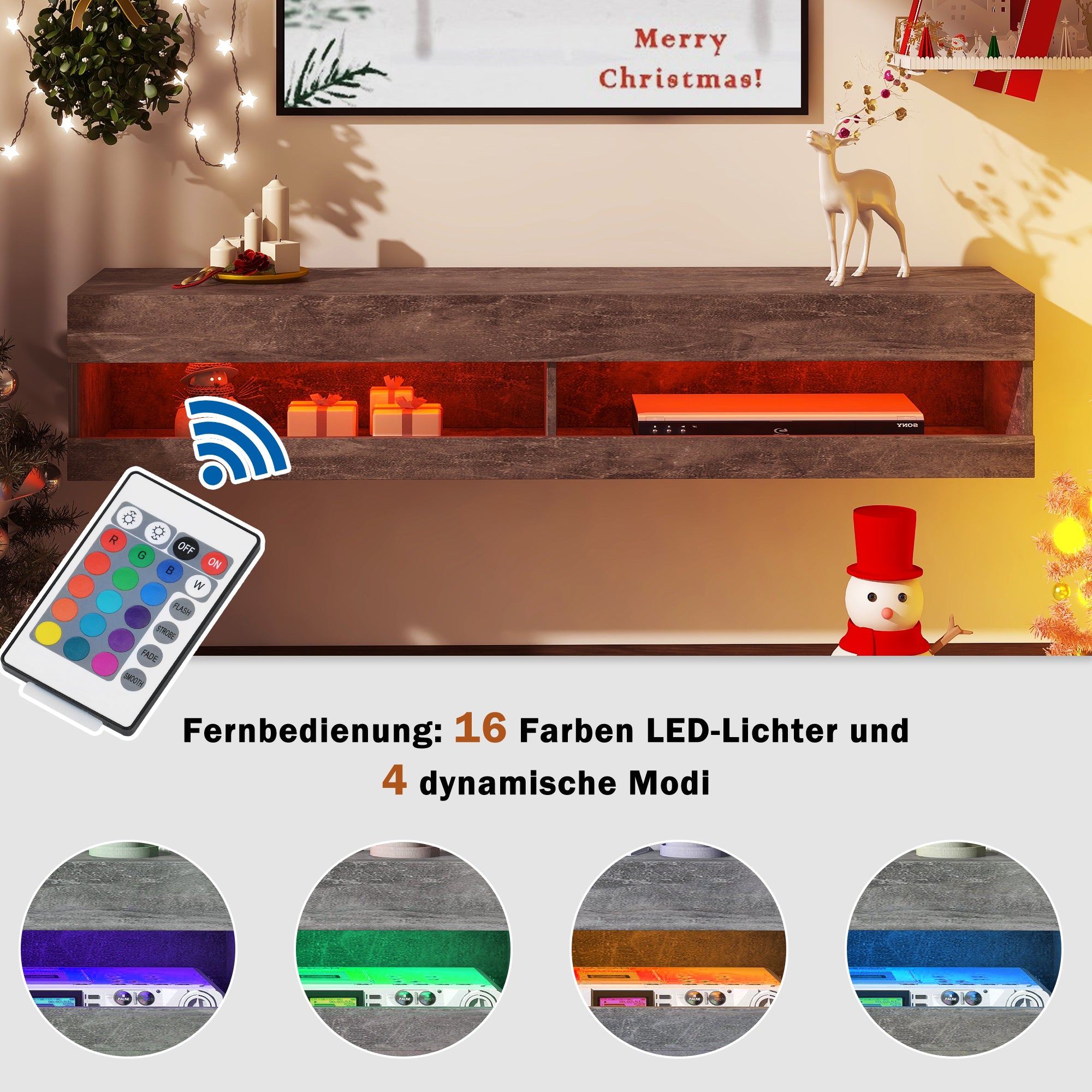 LED TV-Schrank , TV-Lowboard in Hochglanz Weiß mit LED-Beleuchtung, hochwertiges TV-Board mit viel Stauraum für Ihr Wohnzimmer 140x40x30.5cm, Marmorgrau