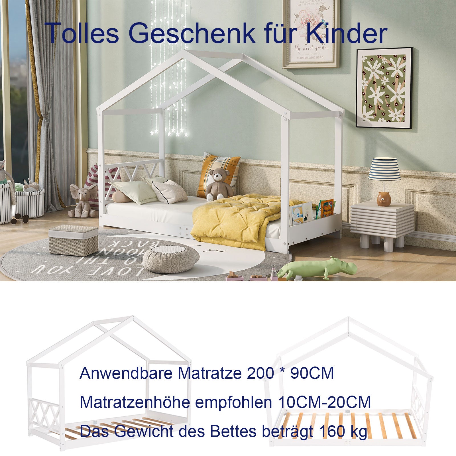Kinderbett 90x200 Hausbett Flachbett Kiefer massiv Einzelbett mit Lattenrost (Grau)