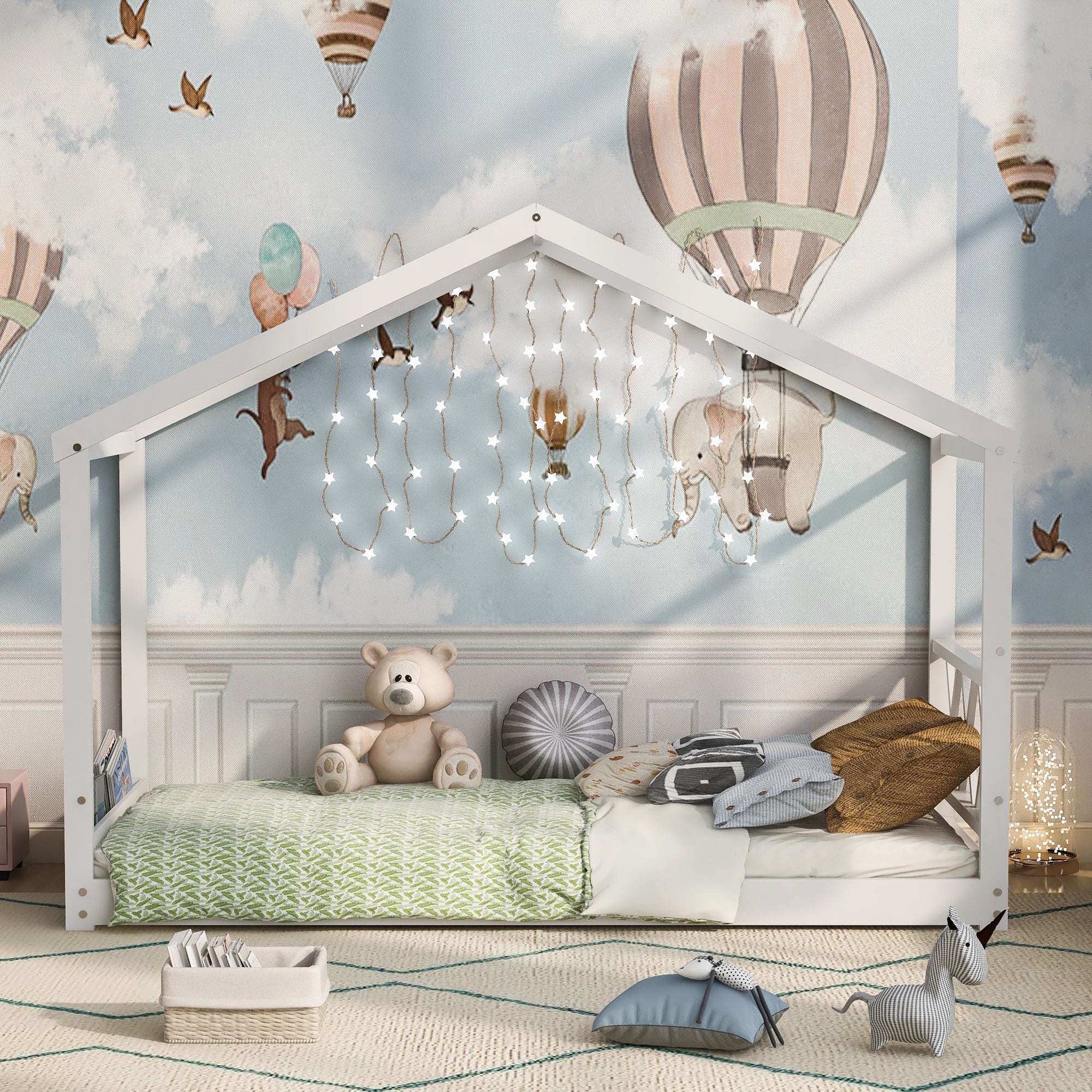 Kinderbett 90x200 Hausbett Flachbett Kiefer massiv Einzelbett mit Lattenrost (Grau)