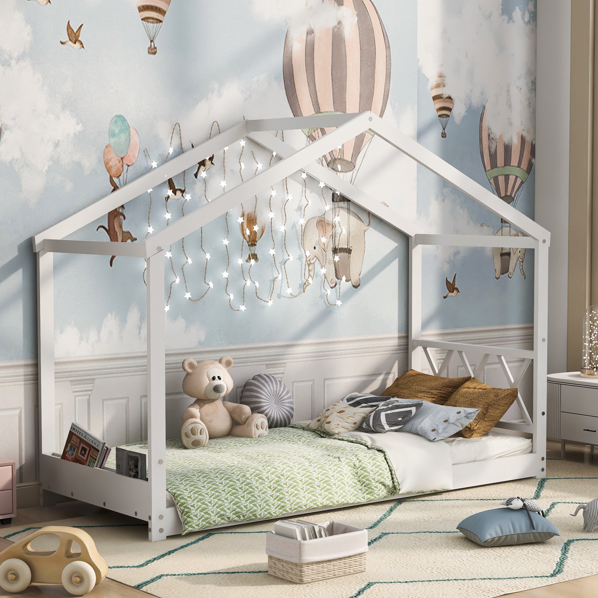 Kinderbett 90x200 Hausbett Flachbett Kiefer massiv Einzelbett mit Lattenrost (Grau)