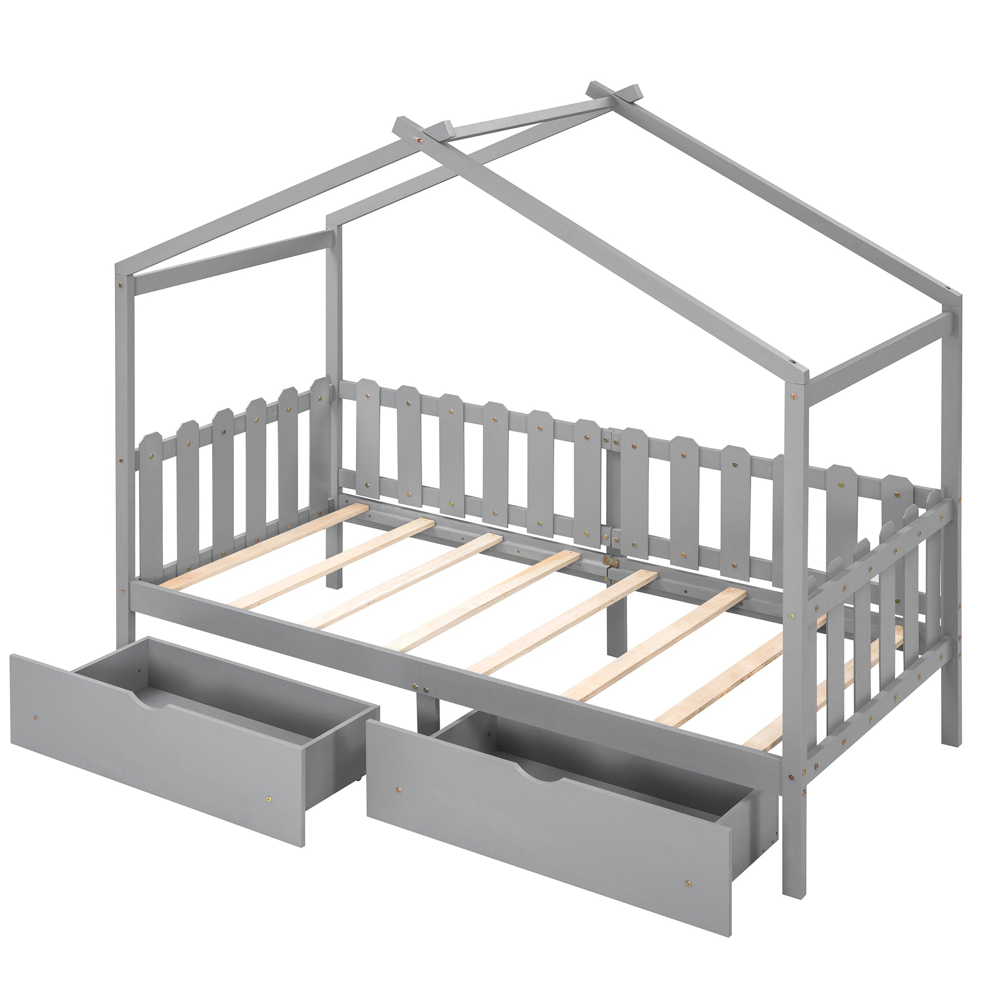 90 x 200 Einzel-Tagesbett in Hausform mit zwei Schubladen, Grau