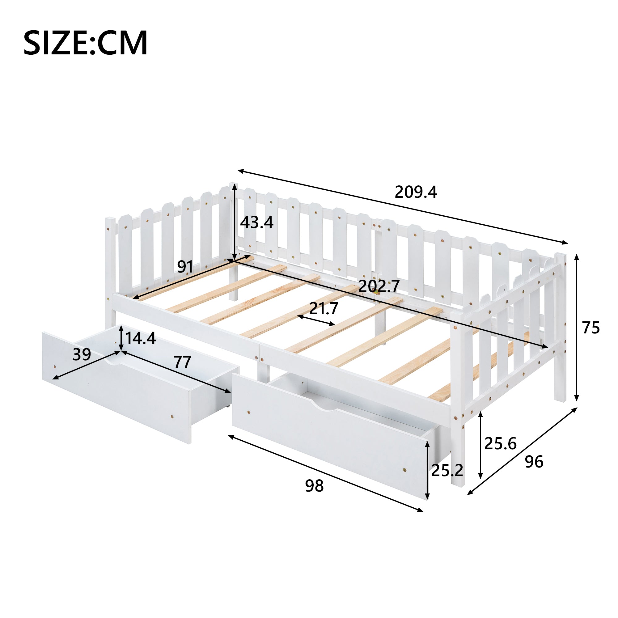 90x200 Einzeltagesbett für Kinder mit Schublade（Weiß）