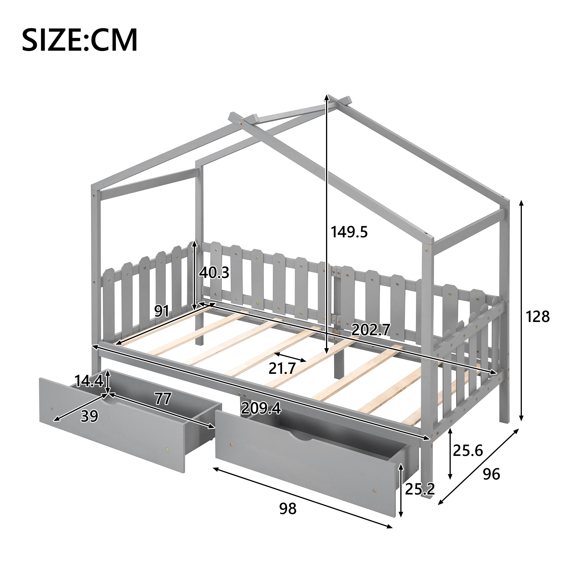 90 x 200 Einzel-Tagesbett in Hausform mit zwei Schubladen, Grau