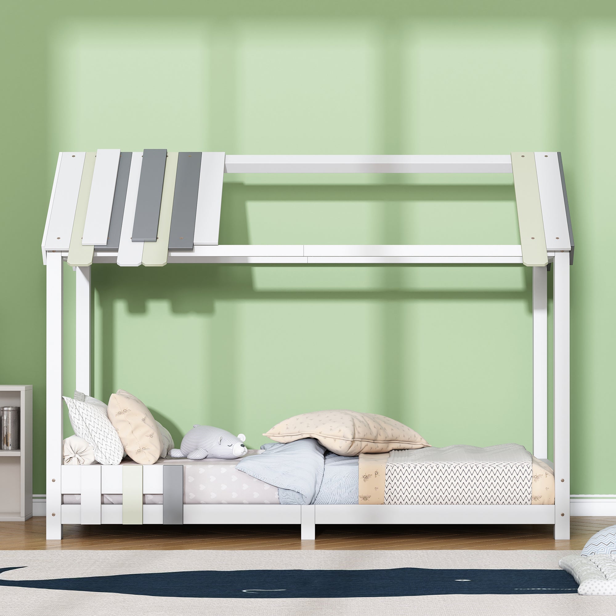 Spielbett Hausbett 200x90, Tricolor Spleißholzlatten Dekorative Hausform,Rausfallschutz Kinderbett, Jungen und Mädchen Massivholz Kinderbett mit Lattenrost, weiß