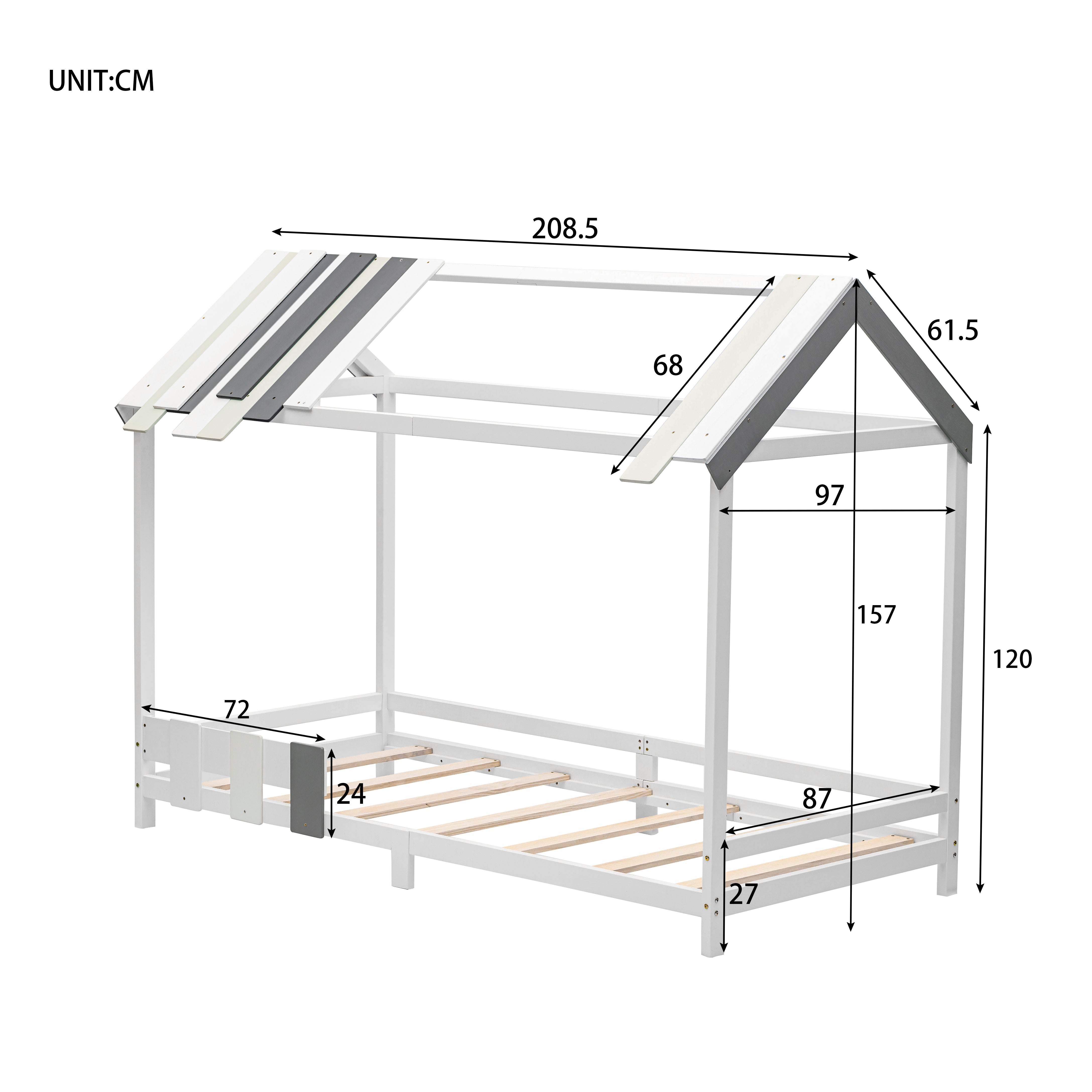 Spielbett Hausbett 200x90, Tricolor Spleißholzlatten Dekorative Hausform,Rausfallschutz Kinderbett, Jungen und Mädchen Massivholz Kinderbett mit Lattenrost, weiß