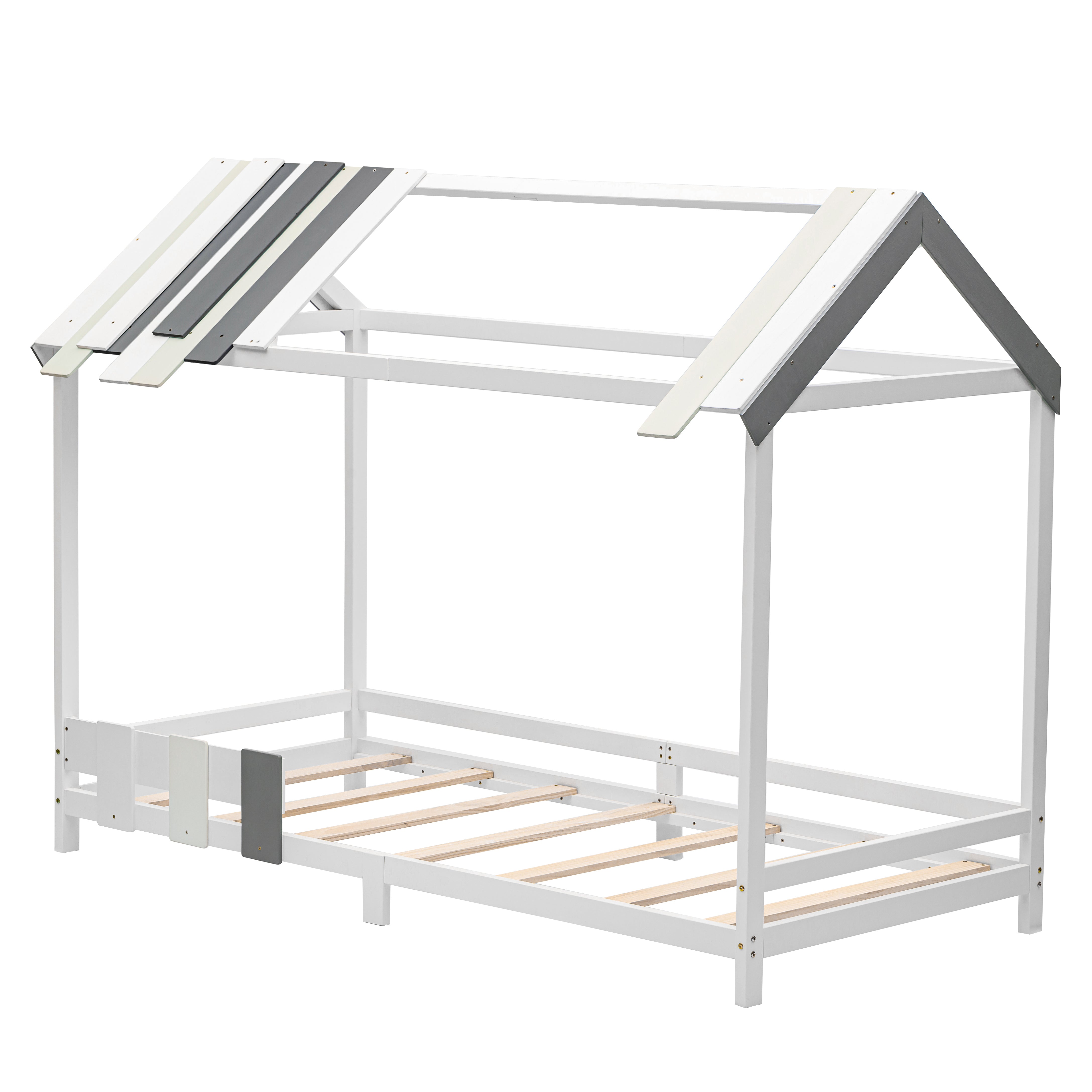 Spielbett Hausbett 200x90, Tricolor Spleißholzlatten Dekorative Hausform,Rausfallschutz Kinderbett, Jungen und Mädchen Massivholz Kinderbett mit Lattenrost, weiß
