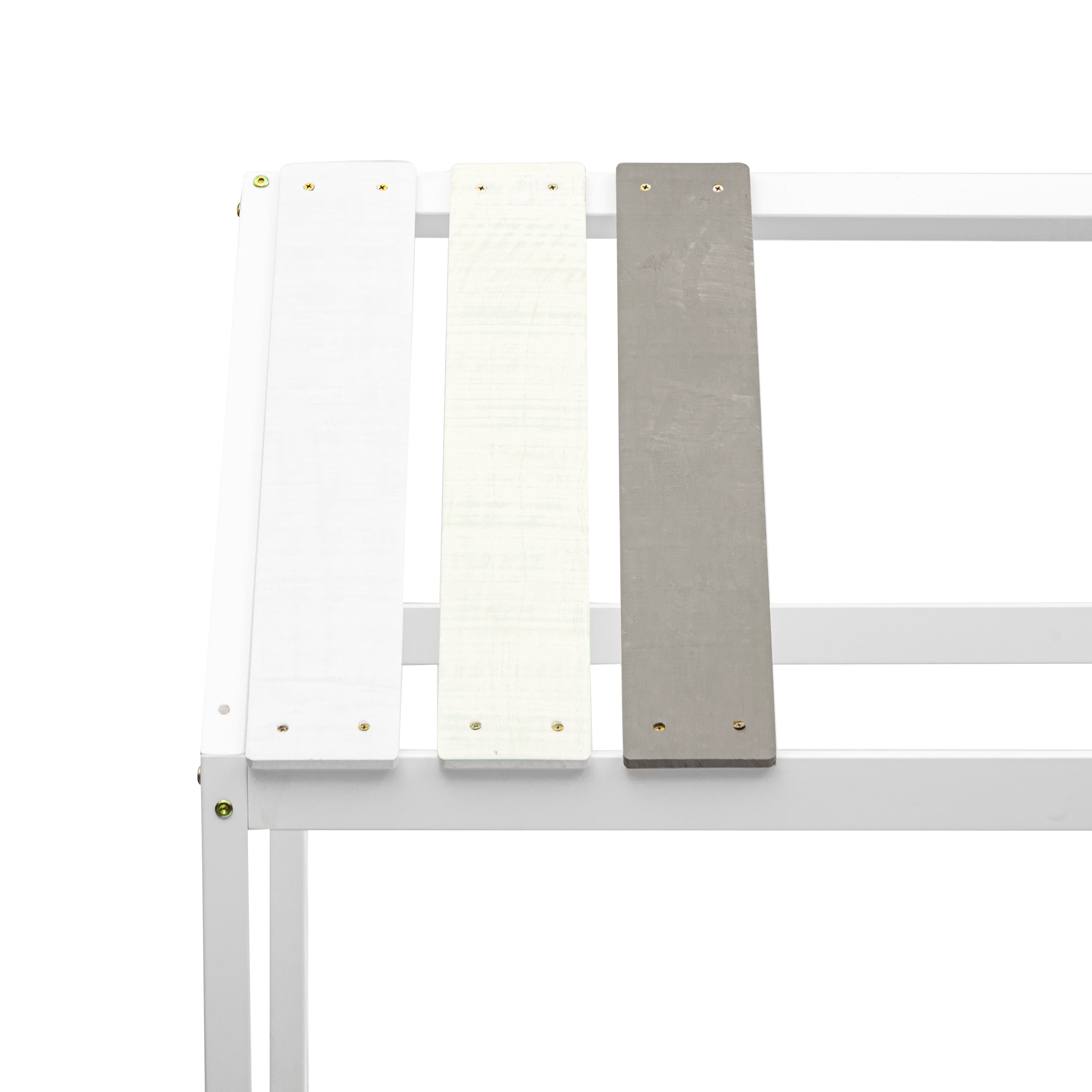 Spielbett Hausbett 200x90, Distressed Craft Plank Design, Tricolor Spleißholzlatten Dekorative Hausform, Ausfallschutz Kinderbett, Jungen und Mädchen Massivholz Kinderbett mit Lattenrost, weiß