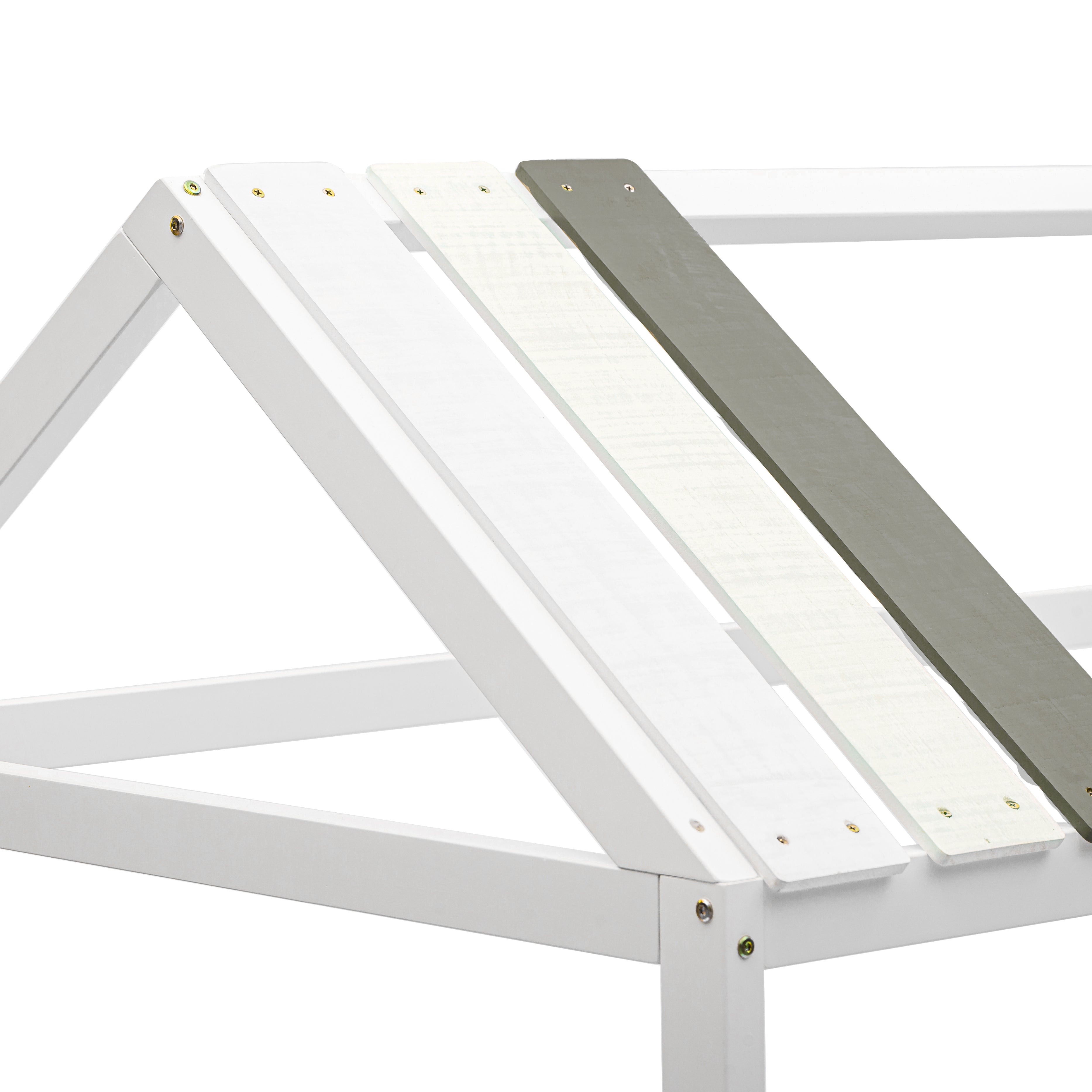 Spielbett Hausbett 200x90, Distressed Craft Plank Design, Tricolor Spleißholzlatten Dekorative Hausform, Ausfallschutz Kinderbett, Jungen und Mädchen Massivholz Kinderbett mit Lattenrost, weiß