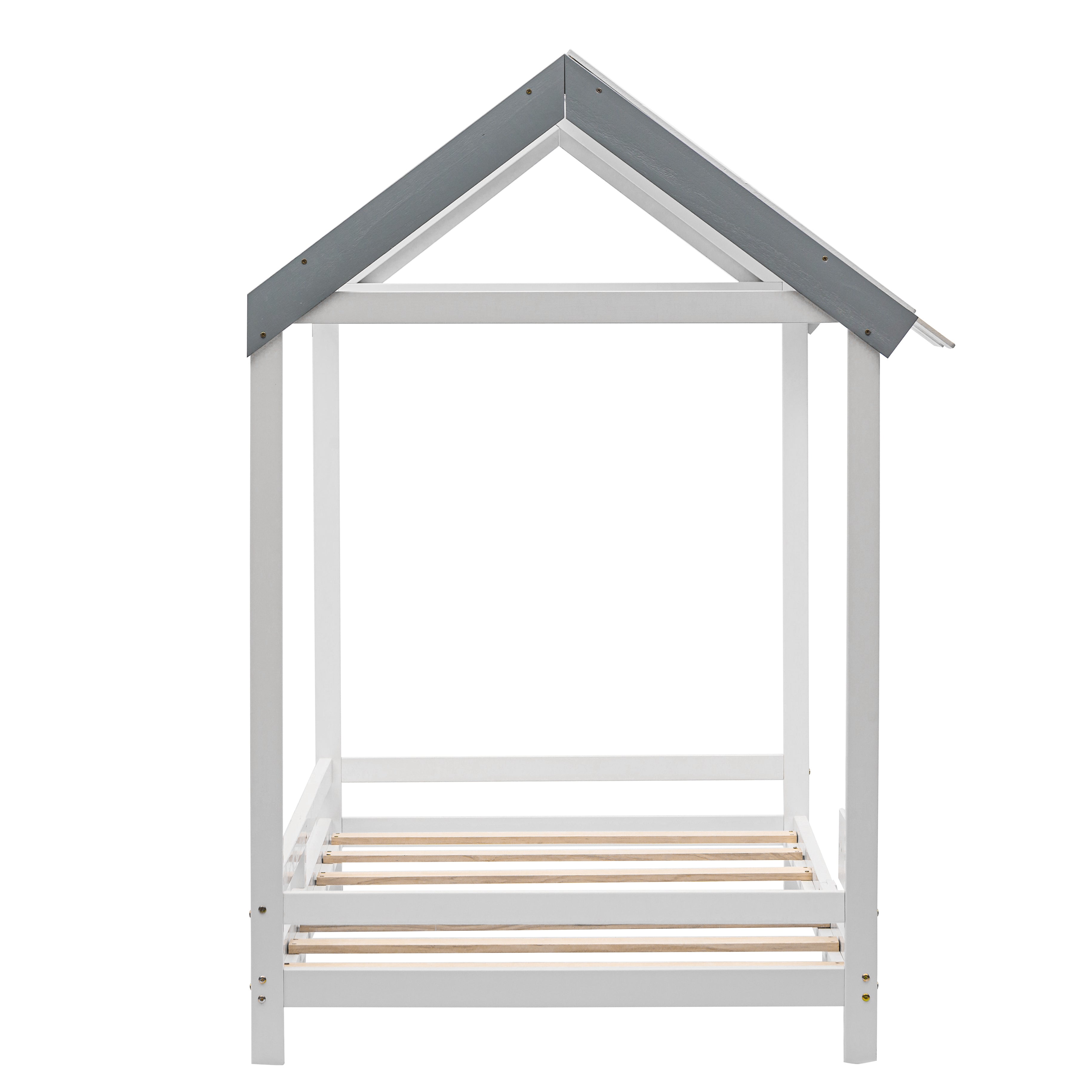 Spielbett Hausbett 200x90, Tricolor Spleißholzlatten Dekorative Hausform,Rausfallschutz Kinderbett, Jungen und Mädchen Massivholz Kinderbett mit Lattenrost, weiß