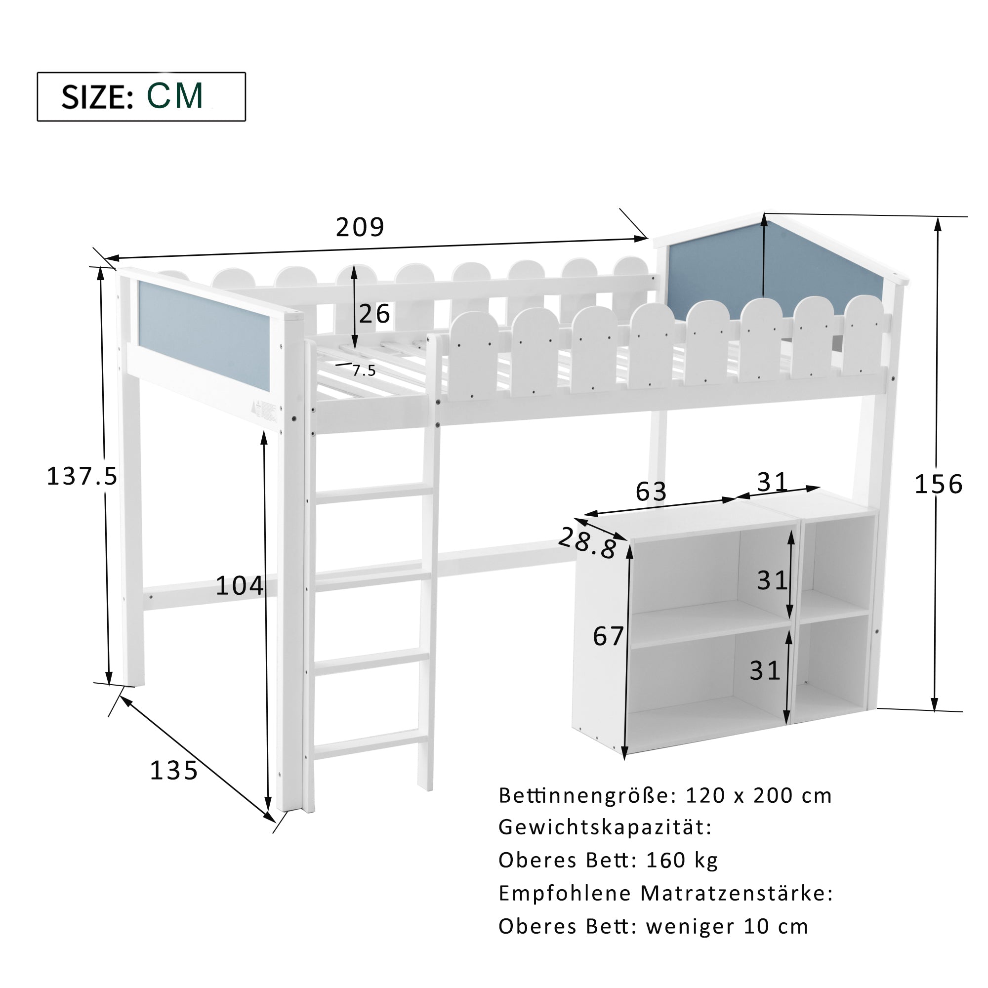 Kinderbett Etagenbett Hochbett Etagenbettrahmen Massives Kiefernbett Mit Lattenrost 120 X 200/90 x 200 cm, weiß