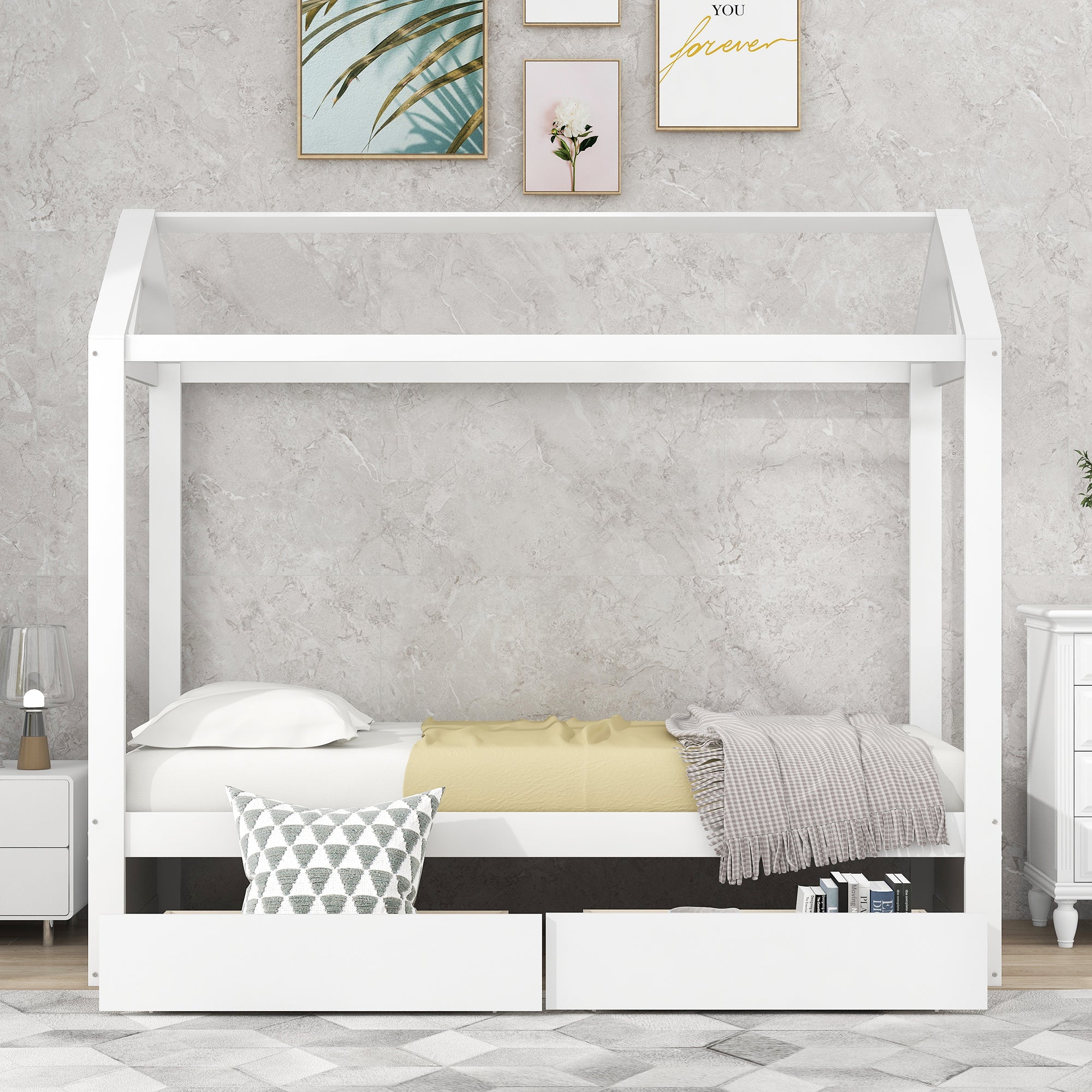 Single Size House Platform Bed mit Trundle, kann dekoriert werden (Weiß)