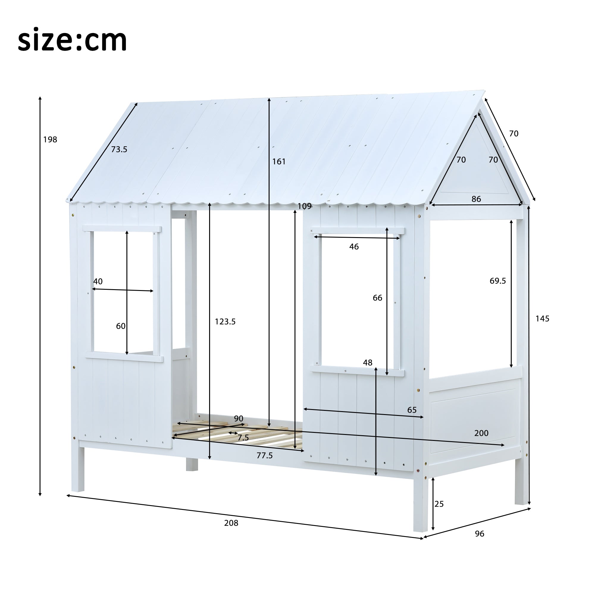 Hausbett mit zwei Schubladen, Kinderbett, Tagesbett mit 2 Fenstern, Kiefernrahmen, MDF-dach, weiß (200x90cm)