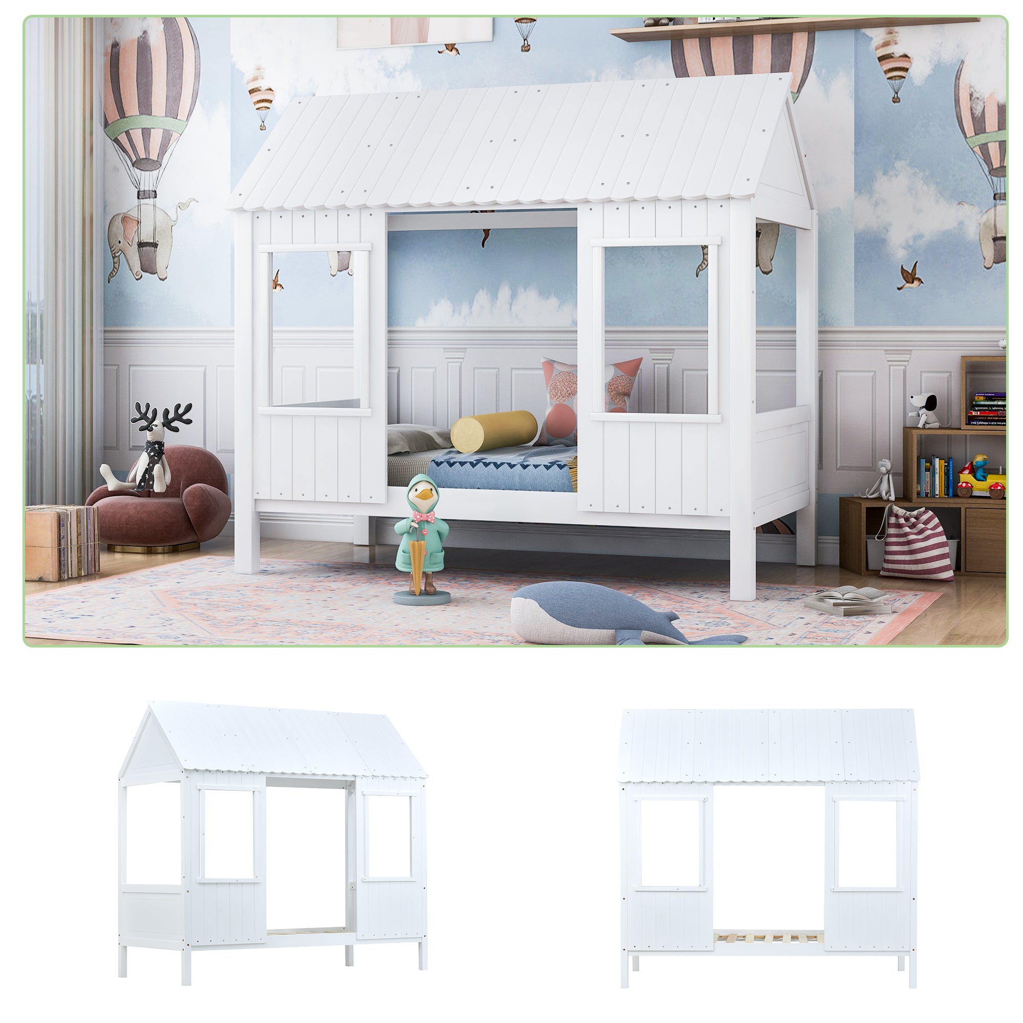 Hausbett, Kinderbett, Tagesbett mit 2 Fenstern, Kiefernrahmen, MDF-dach, weiß (200x90cm)