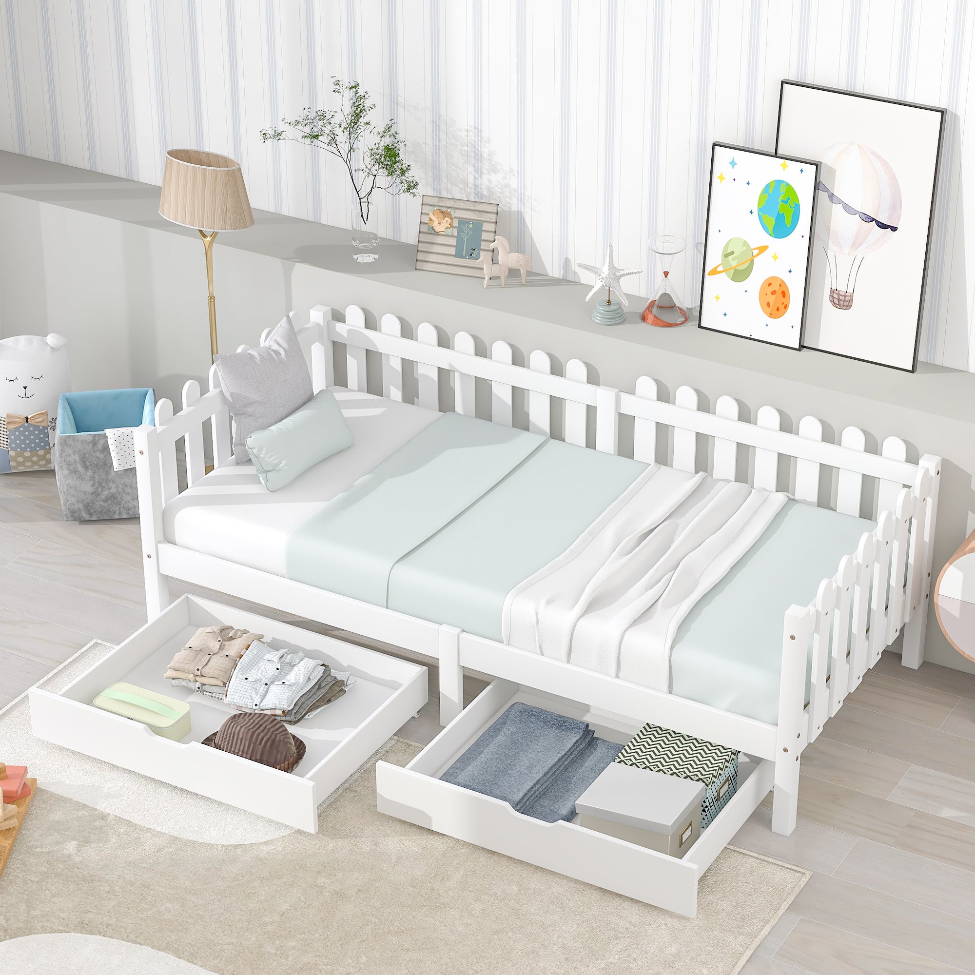 Tagesbett, Bett mit Zäune, Einzelbett, Kinderbett mit 2 MDF-Schubladen, Schubladen auf Rollen, Lattenrost aus Kiefernholz, weiß (200x90cm)