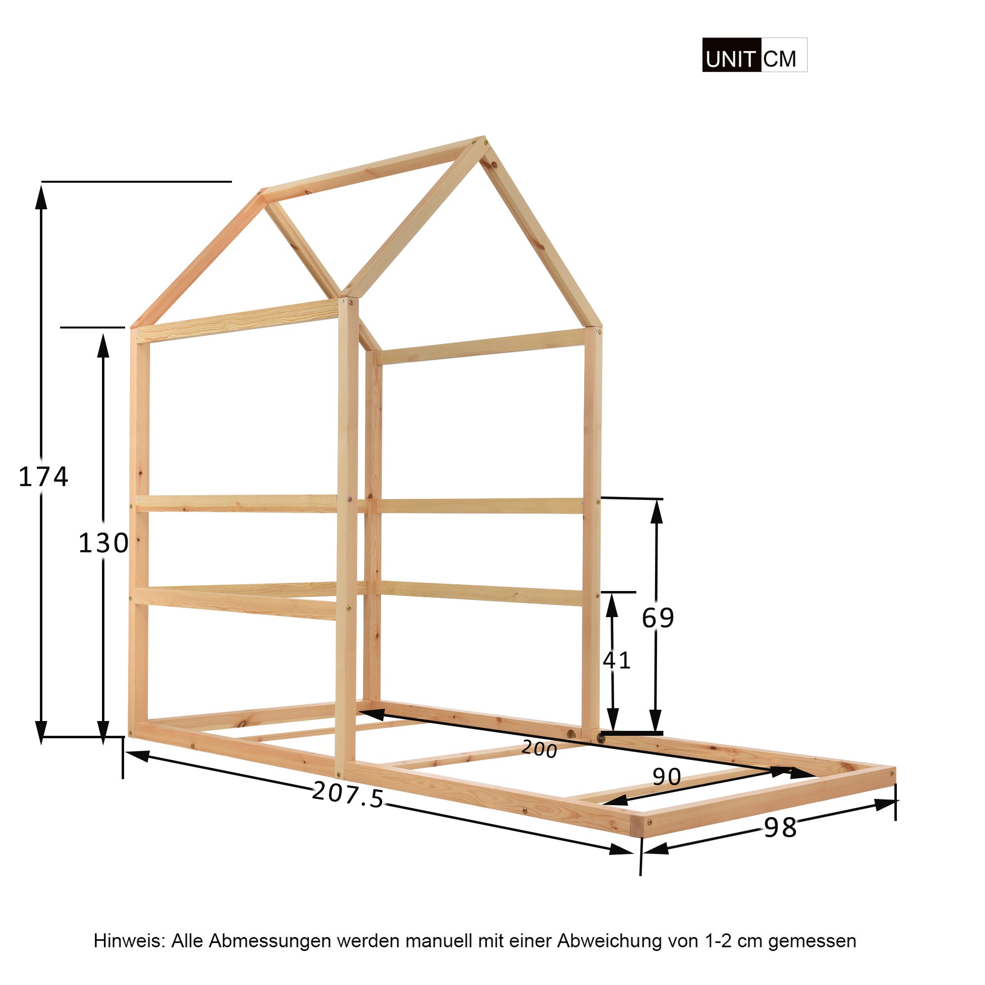 Kinderbett 90x200, Kinderhausbett aus Kiefernholz Stallbodenbett für Mädchen & Jungen Jugendbett Massivholz Natürliche Farbe