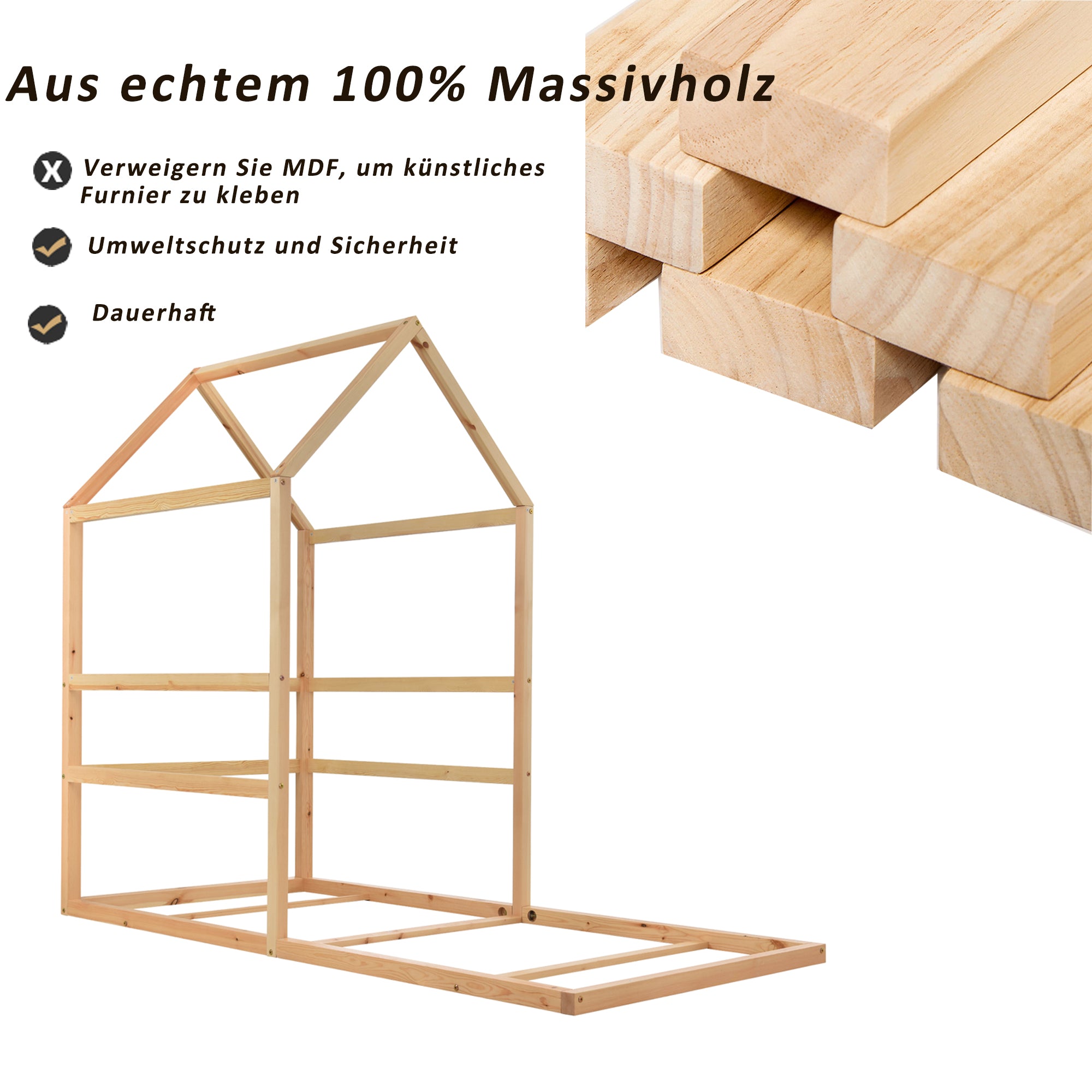 Kinderbett 90x200, Kinderhausbett aus Kiefernholz Stallbodenbett für Mädchen & Jungen Jugendbett Massivholz Natürliche Farbe