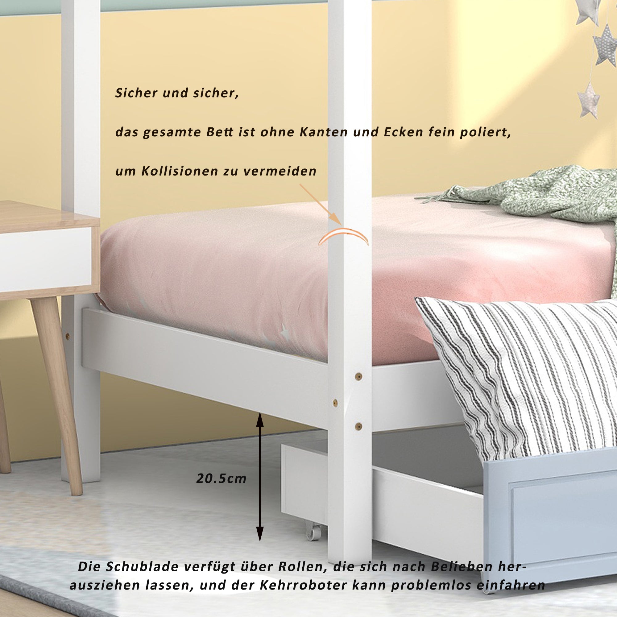 Kinderbett 90x200, Kinderhausbett aus Kiefernholz mit 2 herausnehmbaren Schubladen Stabiles Podestbett für Mädchen & Jungen Jugendbett Massivholz weiß