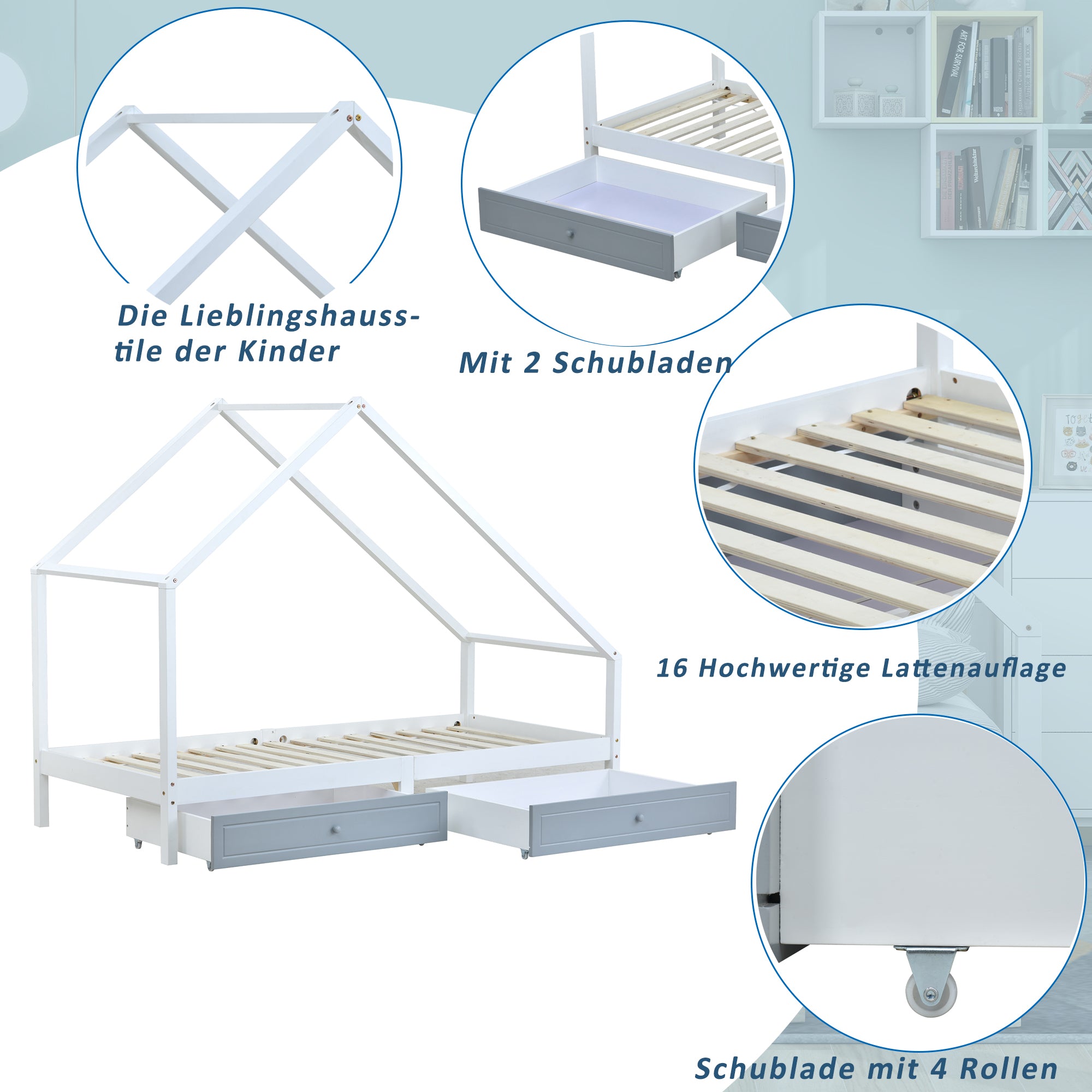 Kinderbett 90x200, Kinderhausbett aus Kiefernholz mit 2 herausnehmbaren Schubladen Stabiles Podestbett für Mädchen & Jungen Jugendbett Massivholz weiß