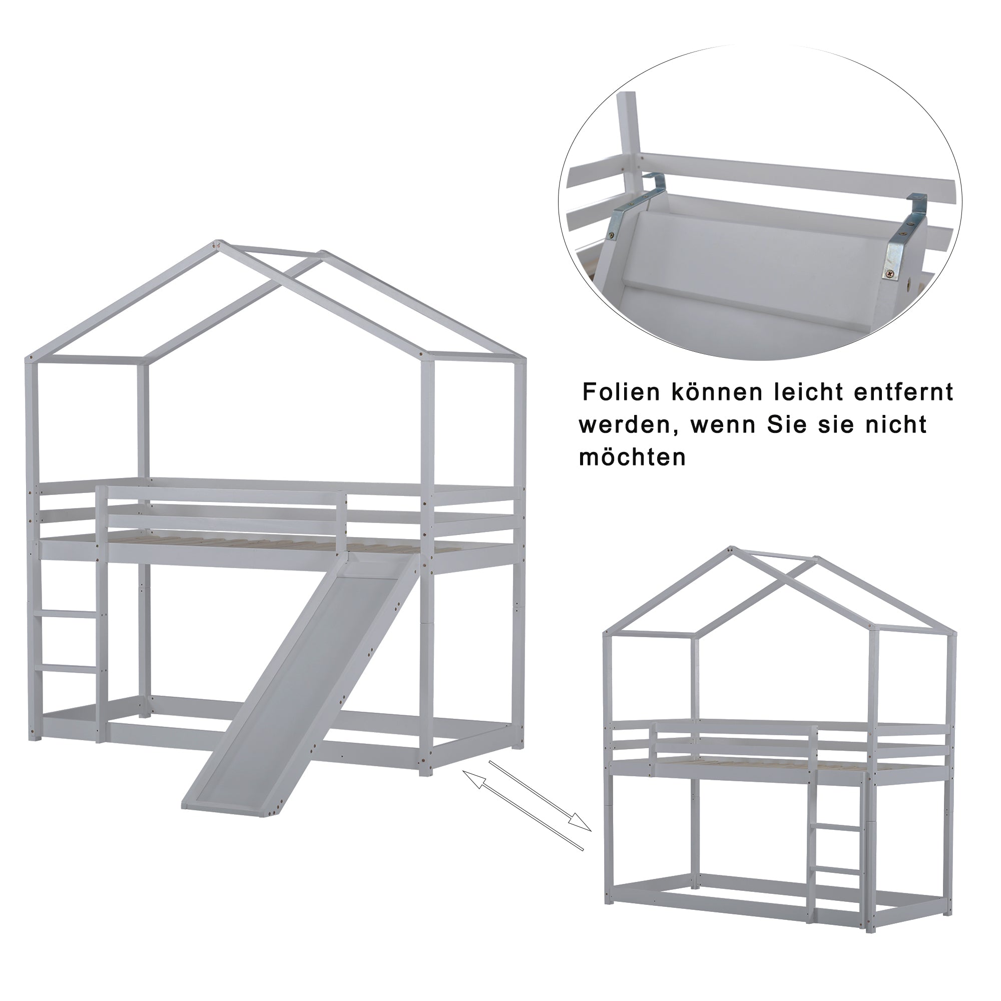 Kinderbett Hausbett, Niedriges Etagenbett mit Rutsche, Massivholz-Etagenbettrahmen mit Lattenrost 90 x 200 cm, Grau