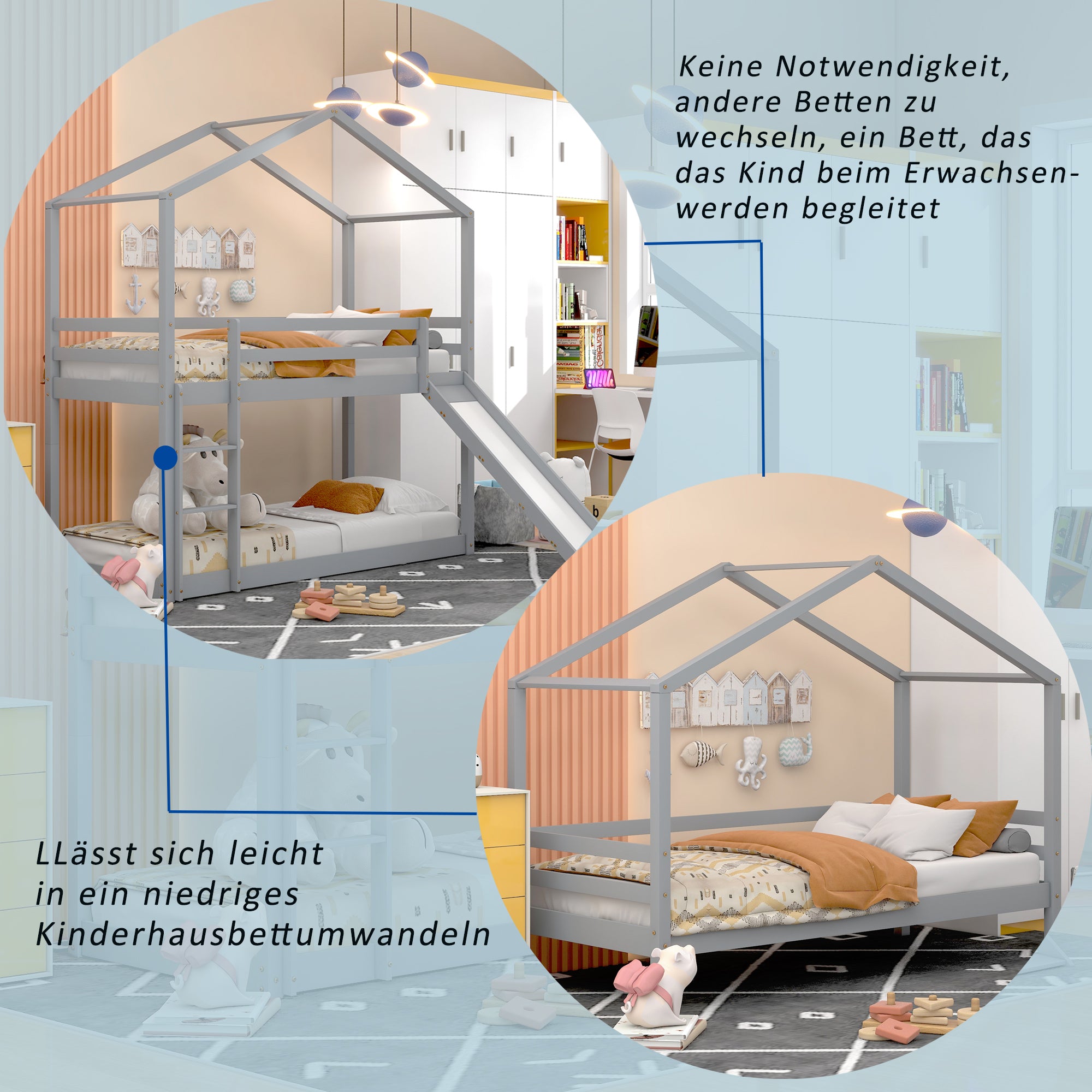 Kinderbett Hausbett, Niedriges Etagenbett mit Rutsche, Massivholz-Etagenbettrahmen mit Lattenrost 90 x 200 cm, Grau