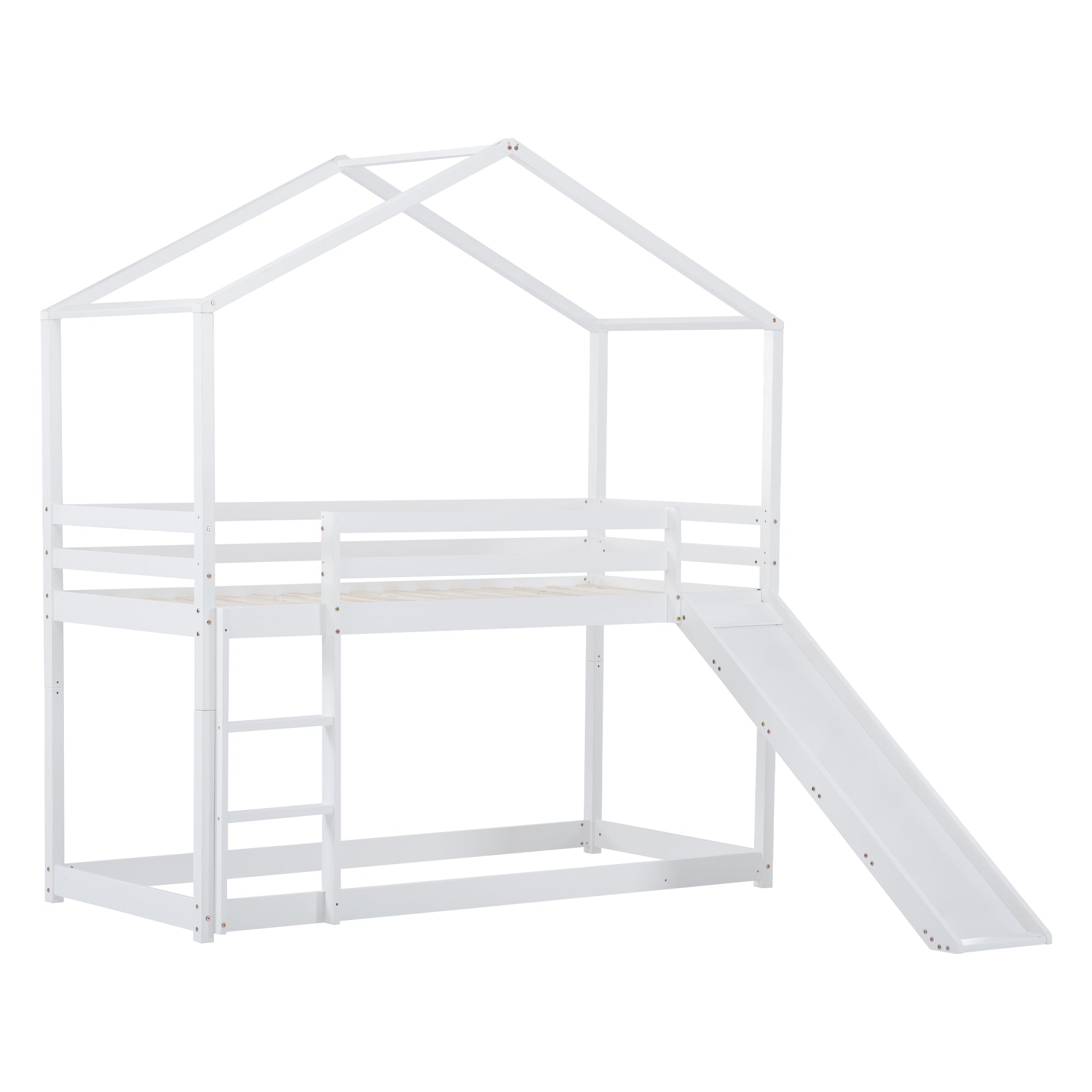 Kinderbett Hausbett, Niedriges Etagenbett mit Rutsche, Massivholz-Etagenbettrahmen mit Lattenrost 90 x 200 cm, weiß