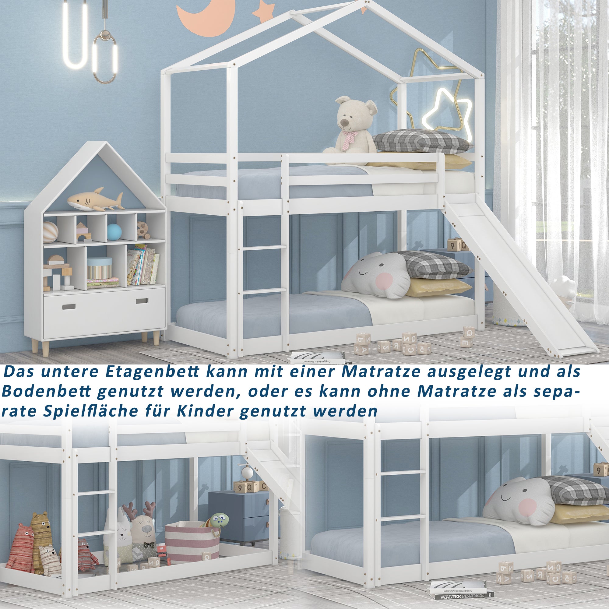Kinderbett Hausbett, Niedriges Etagenbett mit Rutsche, Massivholz-Etagenbettrahmen mit Lattenrost 90 x 200 cm, weiß