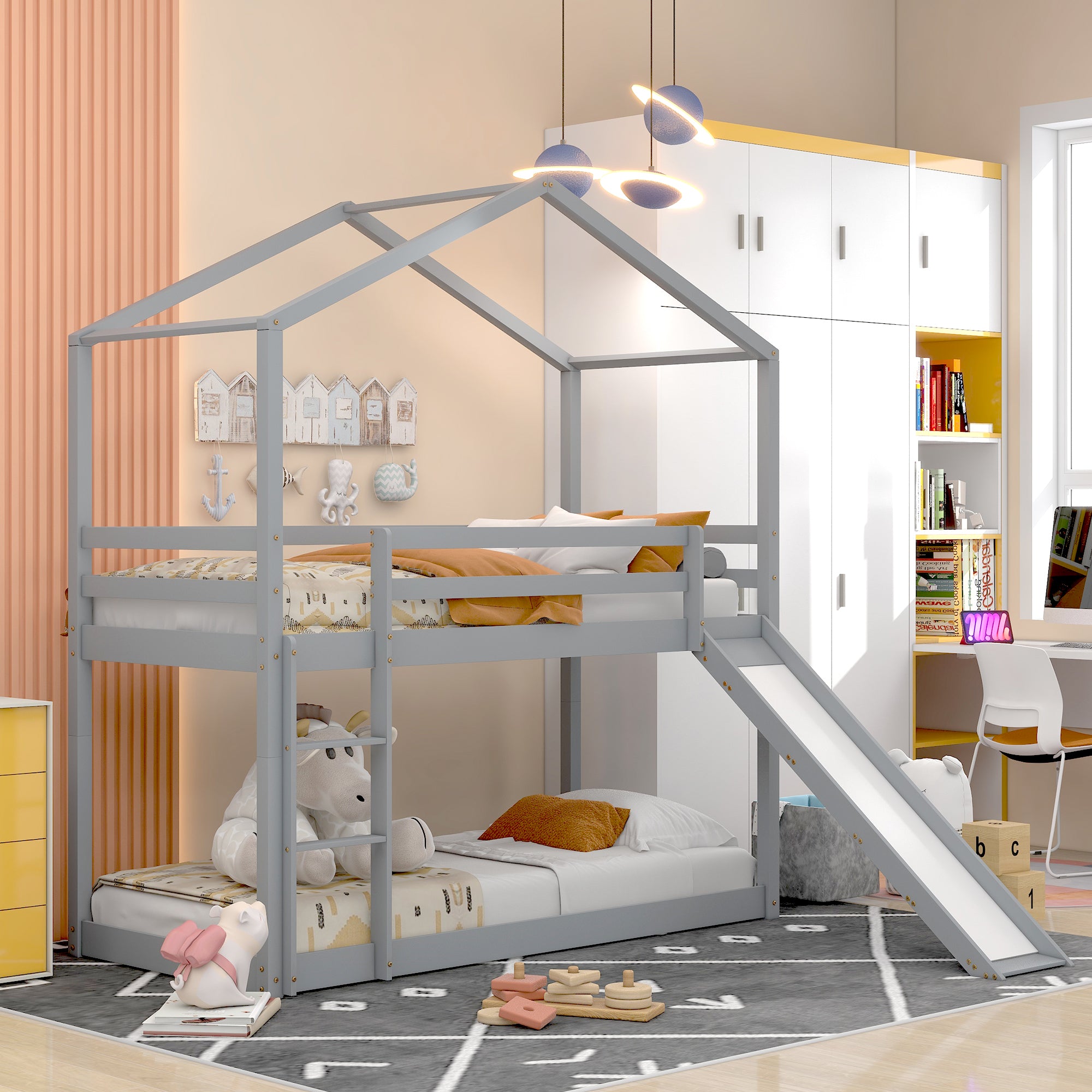 Kinderbett Hausbett, Niedriges Etagenbett mit Rutsche, Massivholz-Etagenbettrahmen mit Lattenrost 90 x 200 cm, Grau