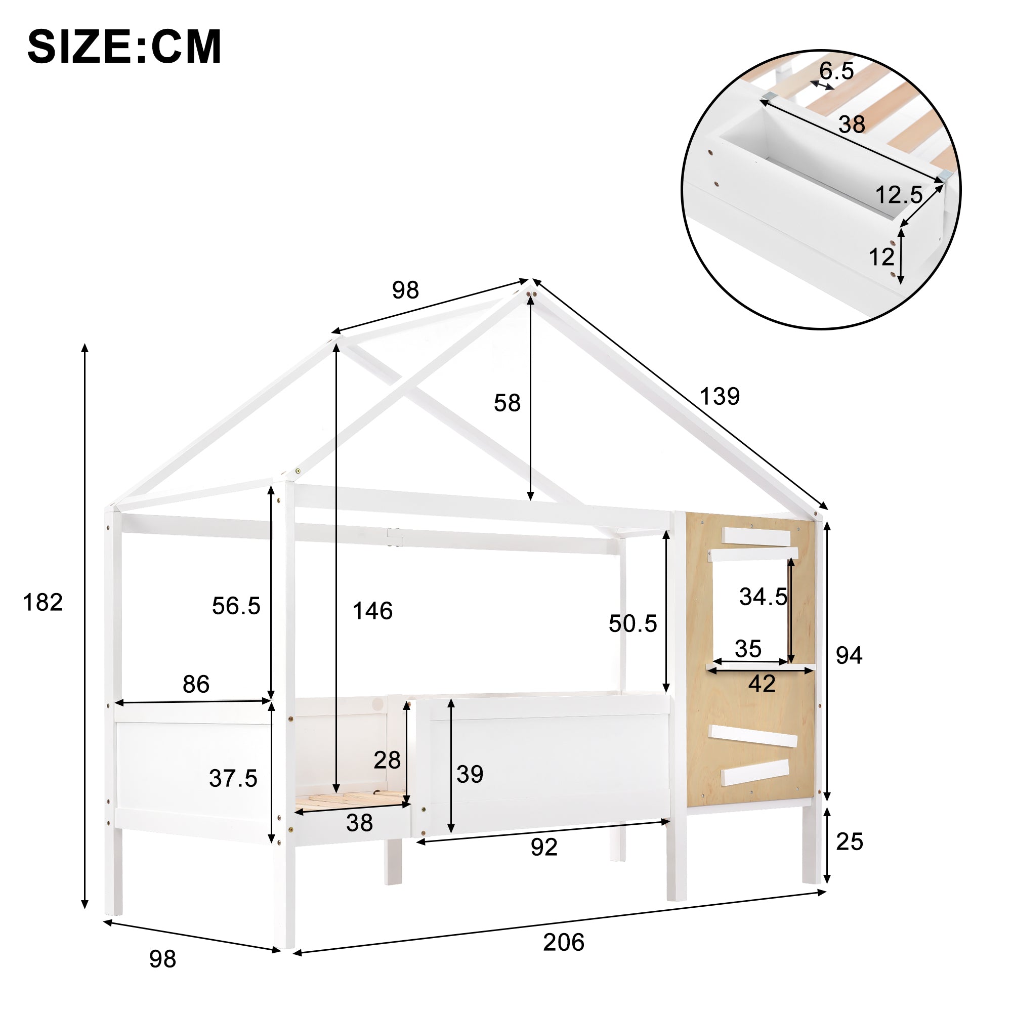 Hausbett, Kinderbett mit Fenster, mit kleiner Holzkiste, Rahmen aus Kiefer, Schutzplatte aus MDF, weiß (200x90cm)