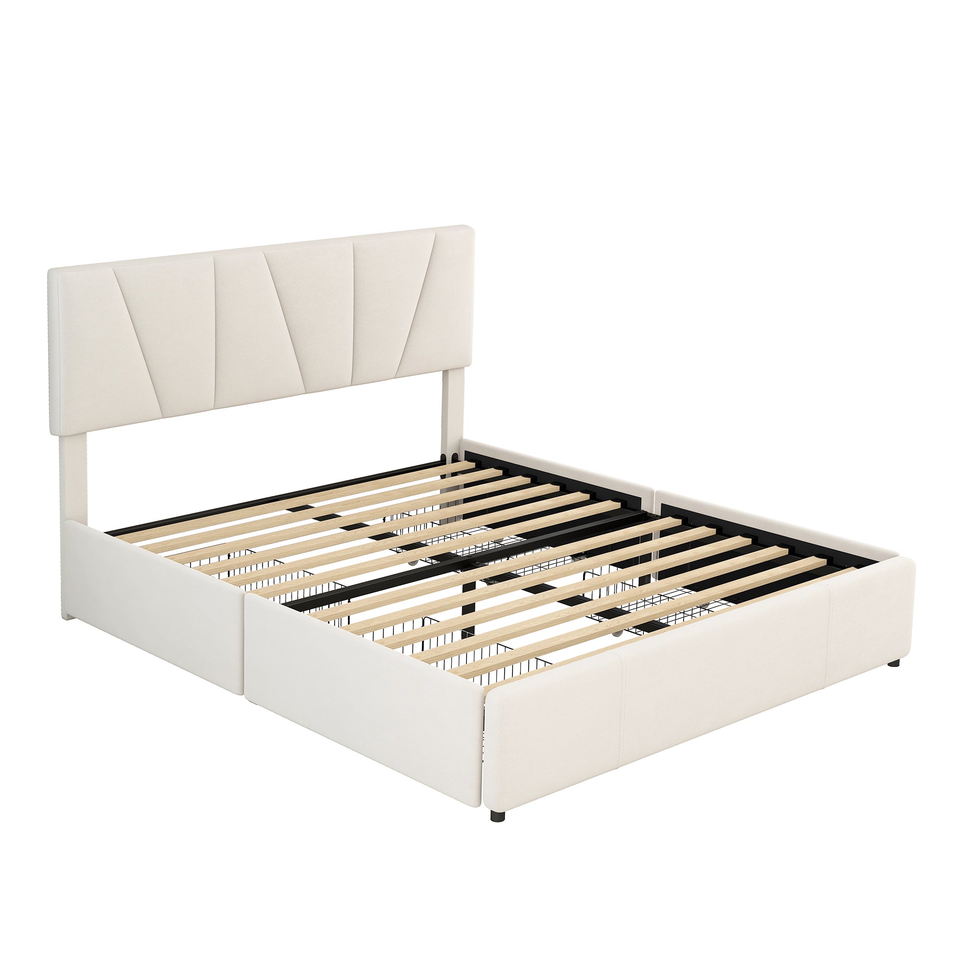 Double Size Polster Plattform Bett mit vier Schubladen auf zwei Seiten,Verstellbares Kopfteil,Beige(140*200cm)