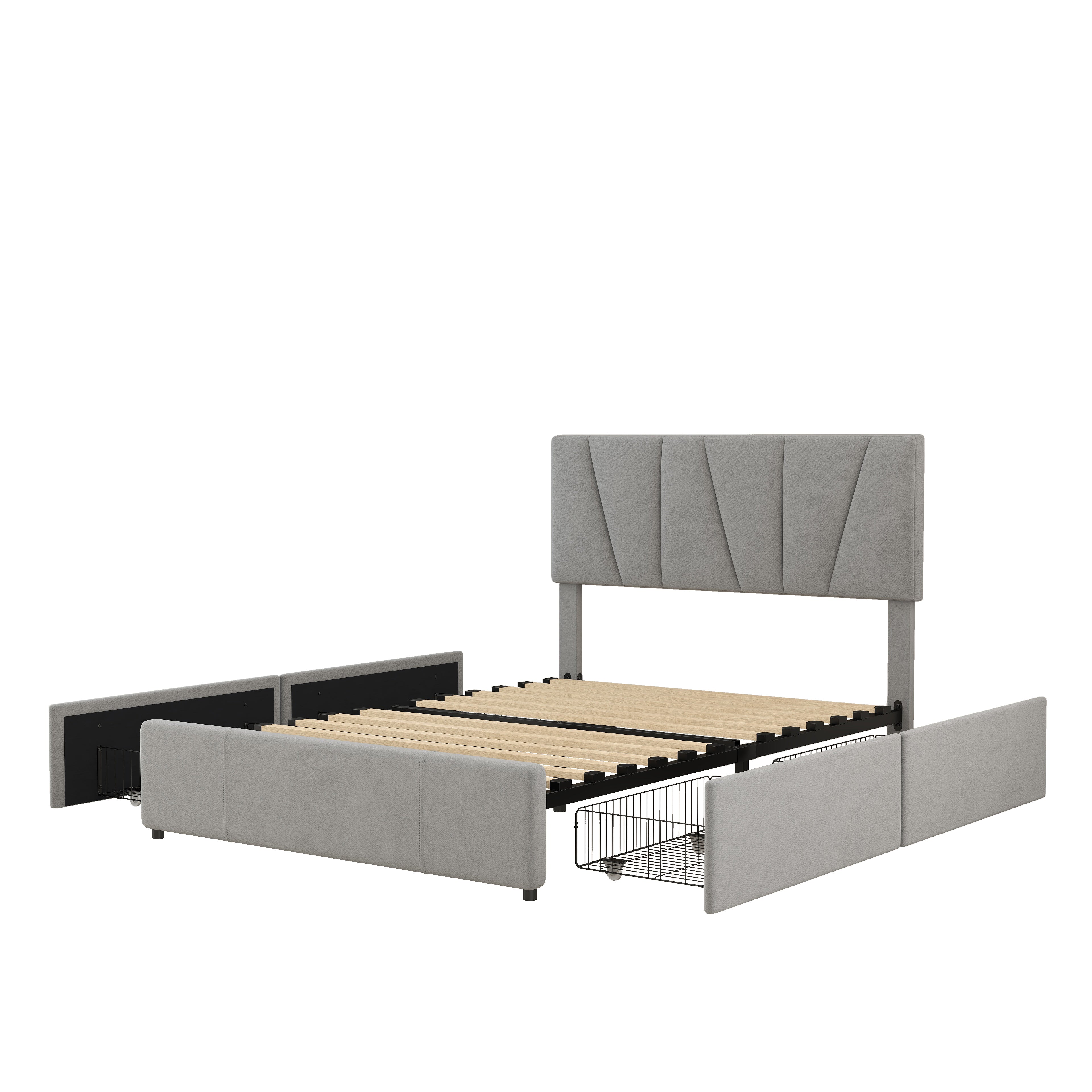 Double Size Polster Plattform Bett mit vier Schubladen auf zwei Seiten,Verstellbares Kopfteil,Grau(140*200cm)