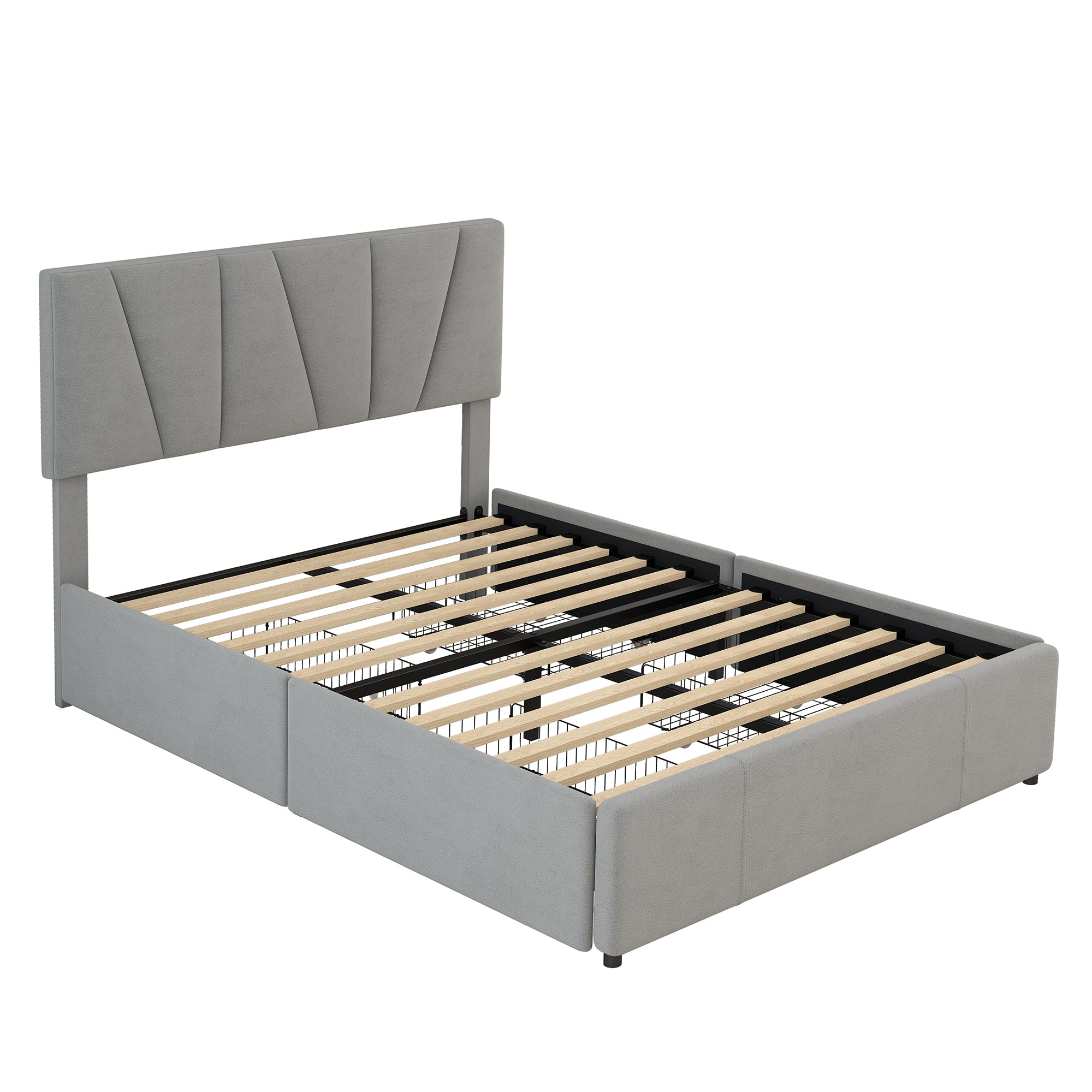 Double Size Polster Plattform Bett mit vier Schubladen auf zwei Seiten,Verstellbares Kopfteil,Grau(140*200cm)