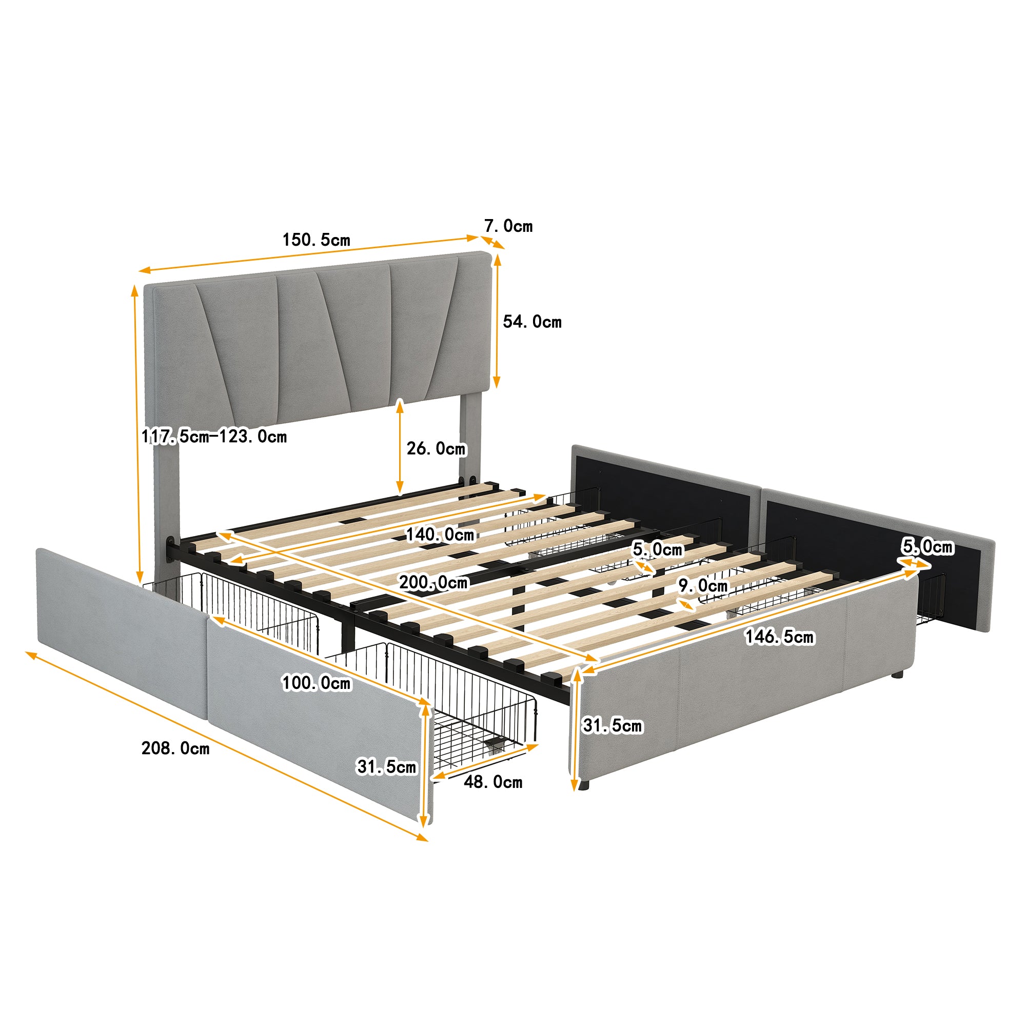 Double Size Polster Plattform Bett mit vier Schubladen auf zwei Seiten,Verstellbares Kopfteil,Grau(140*200cm)