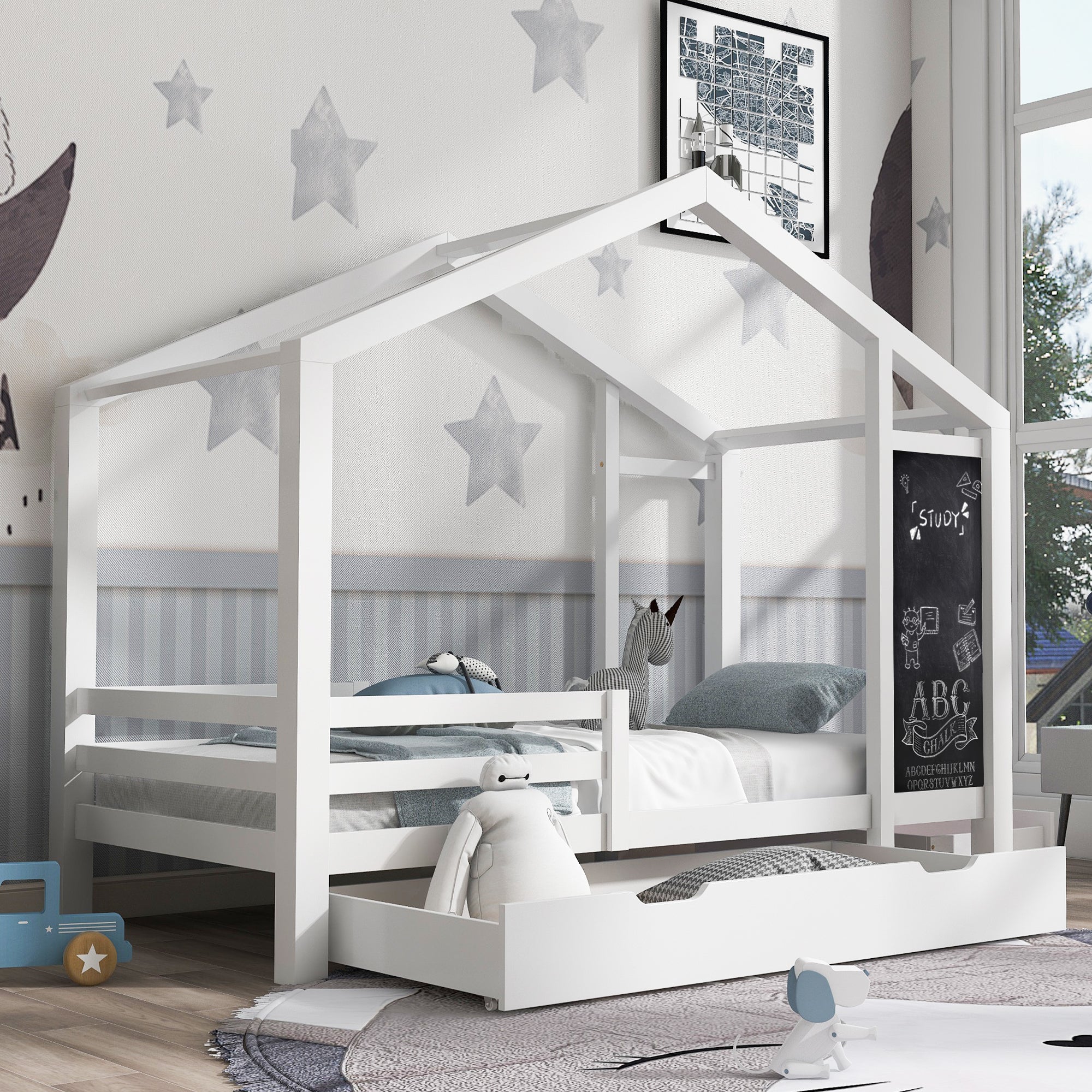 Kinderbett Hausbett 90 x 200 cm, Holzbett mit Tafel und 2 Schubladen, Massivholz mit Zaun und Lattenrost, Weiß (ohne Matratze)