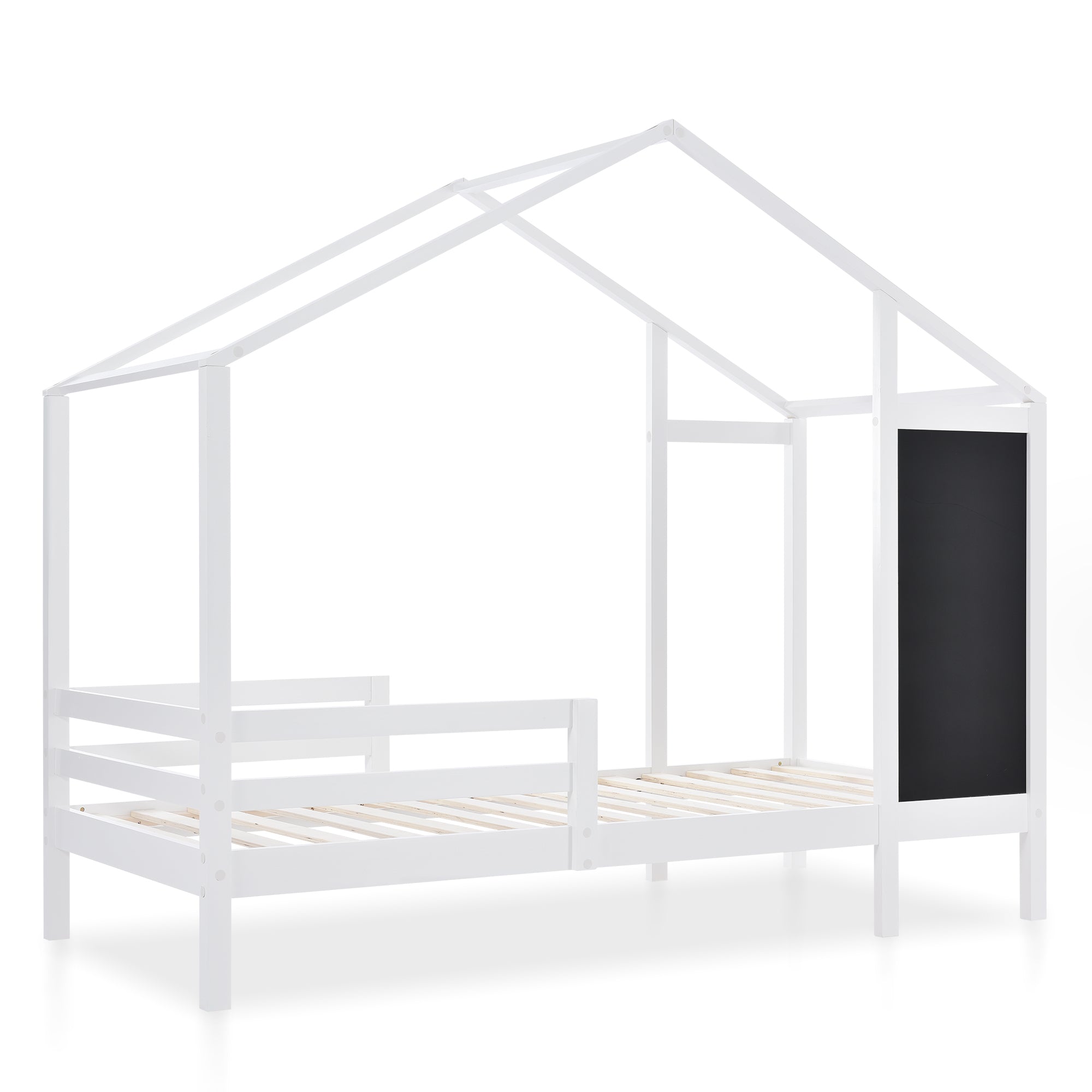 Kinderbett Hausbett 90 x 200 cm, Holzbett mit Tafel und 2 Schubladen, Massivholz mit Zaun und Lattenrost, Weiß (ohne Matratze)