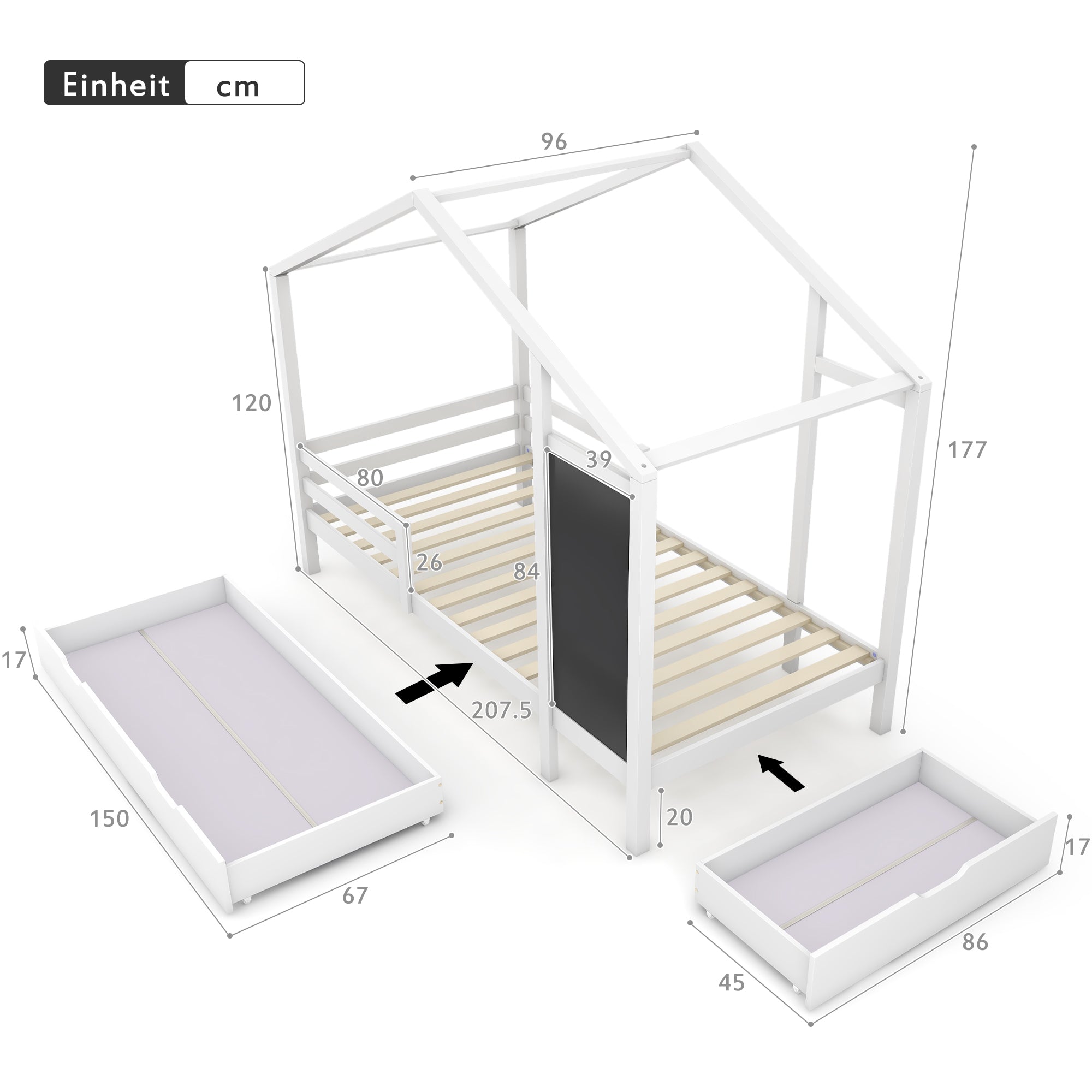 Kinderbett Hausbett 90 x 200 cm, Holzbett mit Tafel und 2 Schubladen, Massivholz mit Zaun und Lattenrost, Weiß (ohne Matratze)