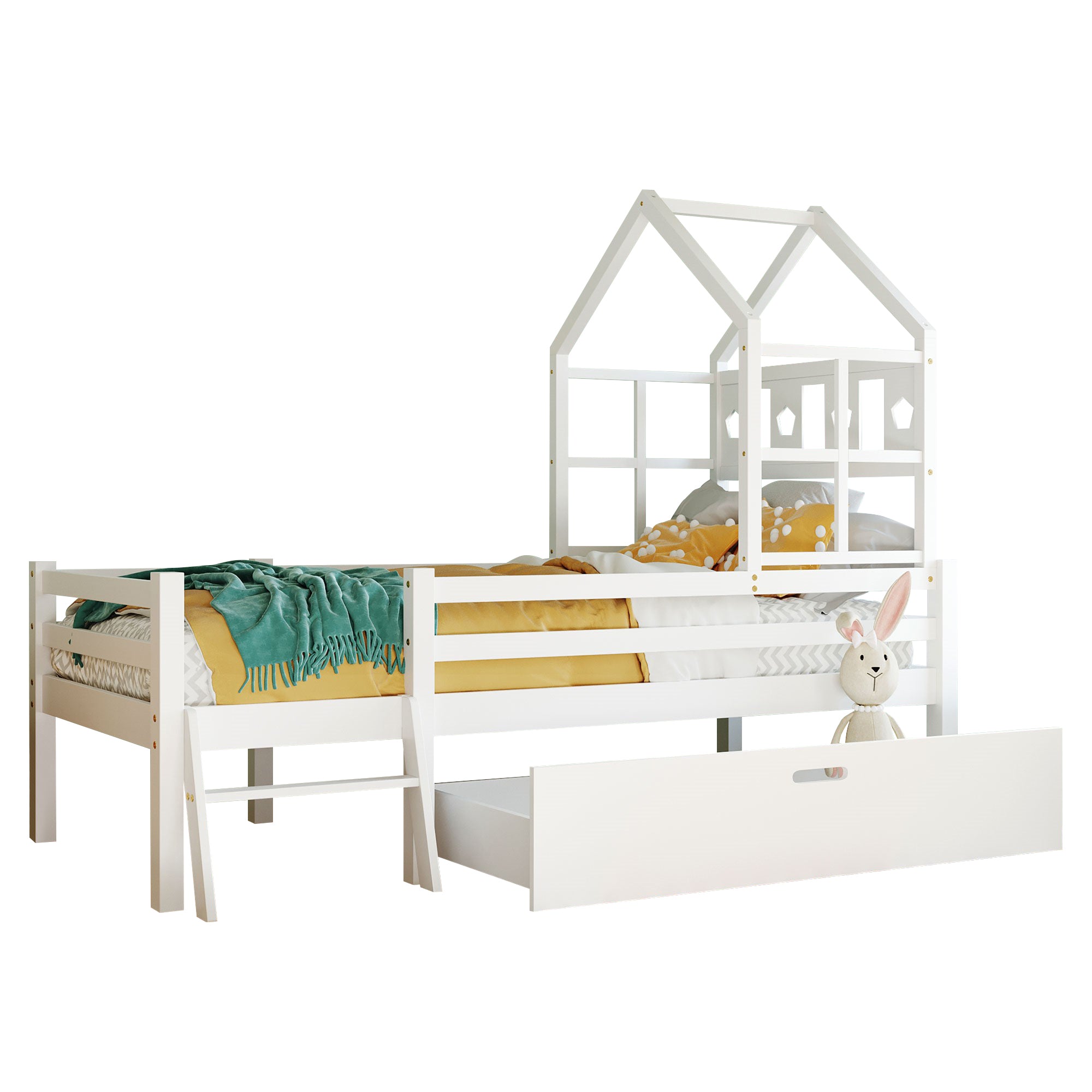 Hausbett Kinderbett mit Leiter und Schubladen, inkl. Lattenrost,Hochbett Massivholz mit Ausfallschutz 90x200cm Weiß(Ohne Matratze)