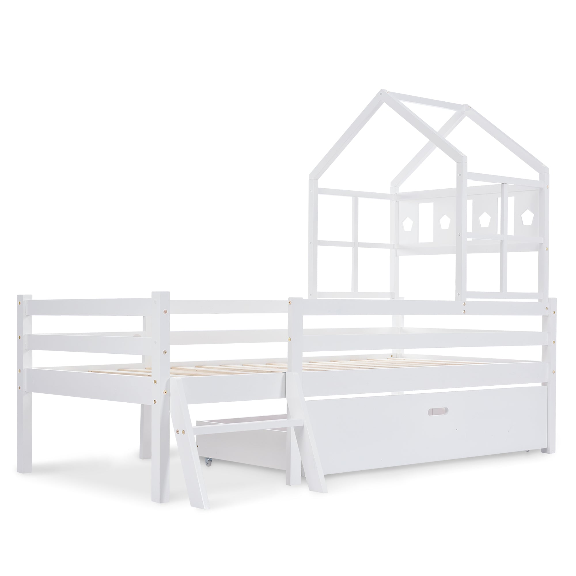 Hausbett Kinderbett mit Leiter und Schubladen, inkl. Lattenrost,Hochbett Massivholz mit Ausfallschutz 90x200cm Weiß(Ohne Matratze)