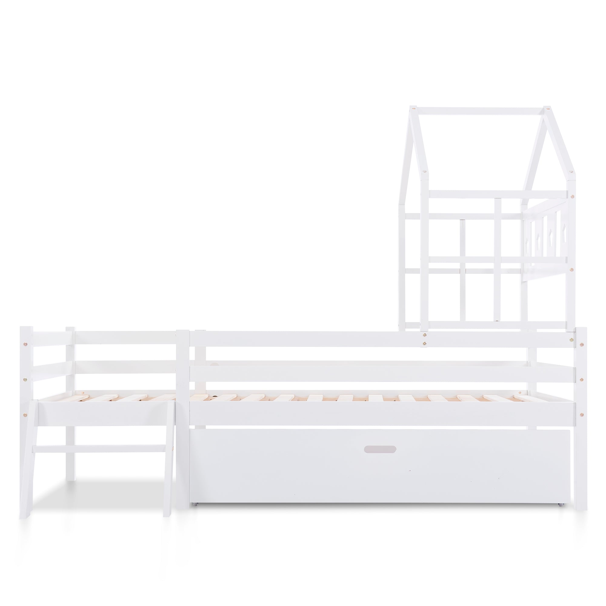 Hausbett Kinderbett mit Leiter und Schubladen, inkl. Lattenrost,Hochbett Massivholz mit Ausfallschutz 90x200cm Weiß(Ohne Matratze)