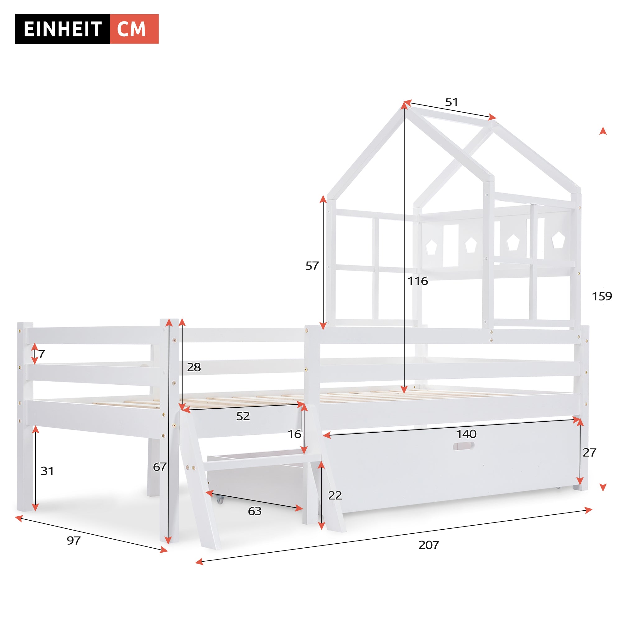 Hausbett Kinderbett mit Leiter und Schubladen, inkl. Lattenrost,Hochbett Massivholz mit Ausfallschutz 90x200cm Weiß(Ohne Matratze)
