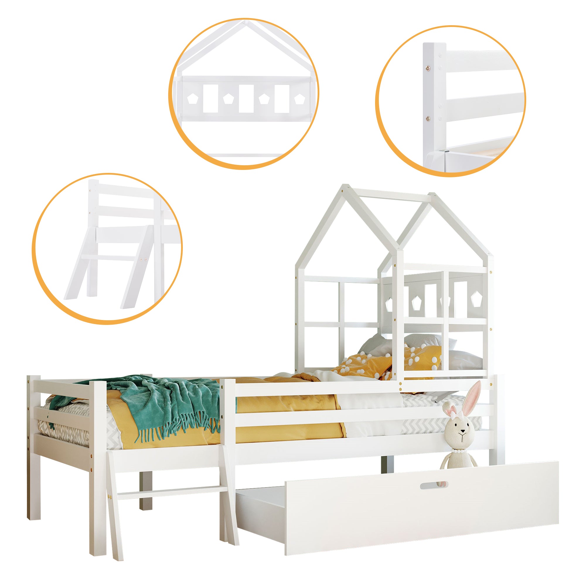 Hausbett Kinderbett mit Leiter und Schubladen, inkl. Lattenrost,Hochbett Massivholz mit Ausfallschutz 90x200cm Weiß(Ohne Matratze)