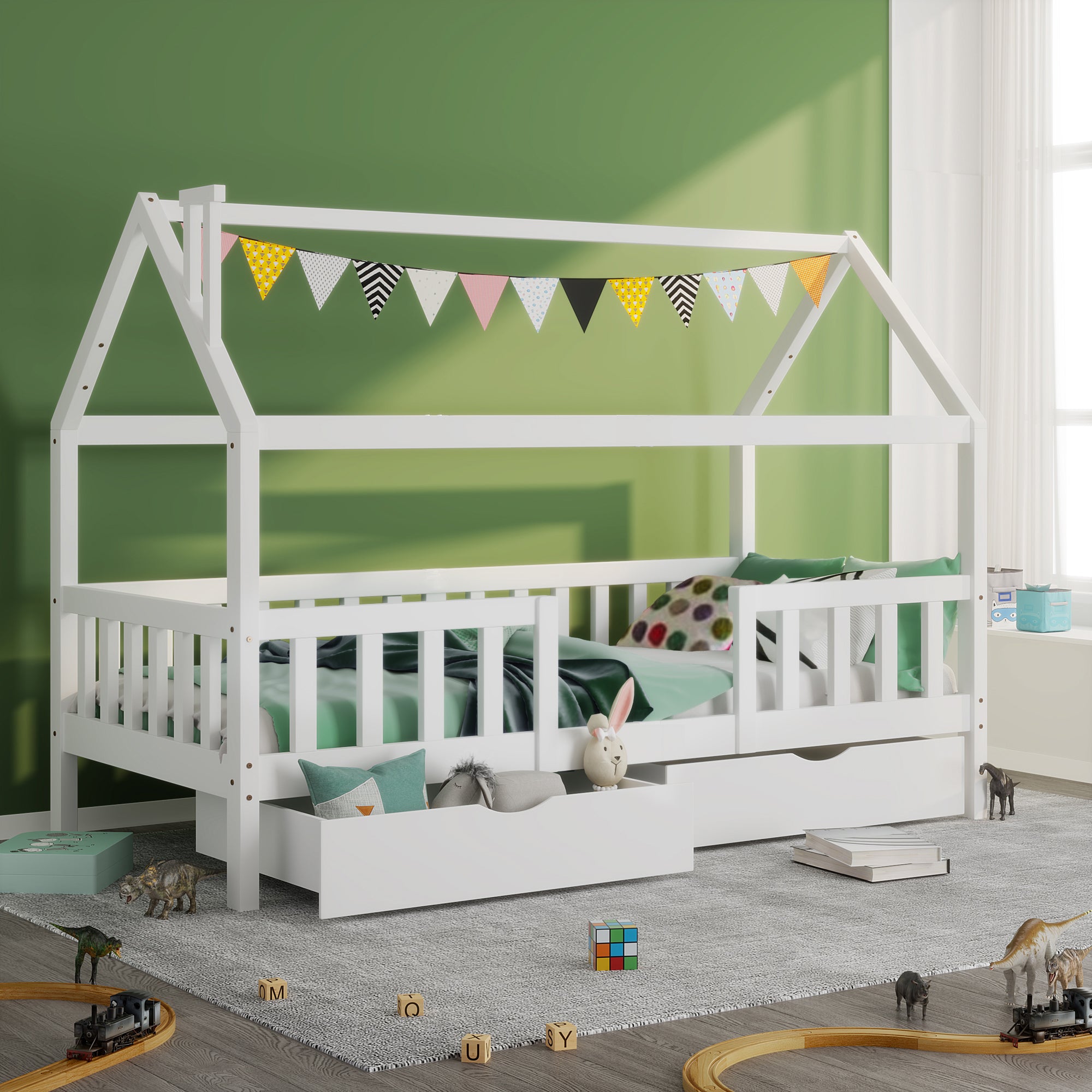 Kiefernholz Haus Bett for Kids, 90 x 200 cm ohne Matratze, weiß