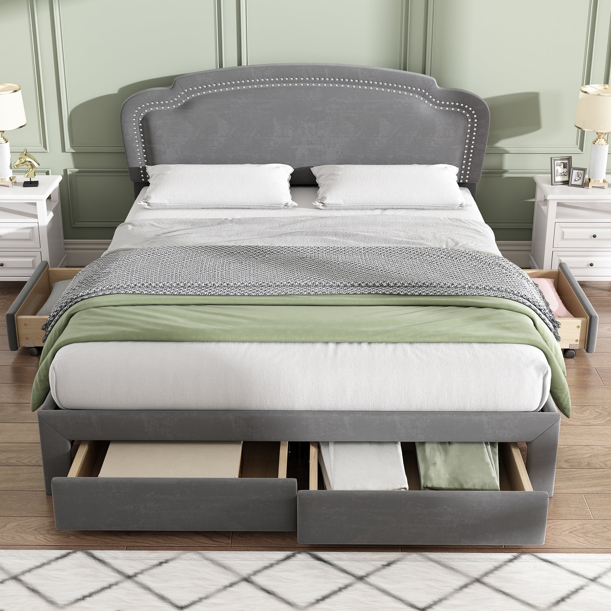 Samt Polsterbett, Europäisches Bett,Doppelbett, einfaches europäisches Kopfteil, 4 Schubladen, 140 x 200, grau